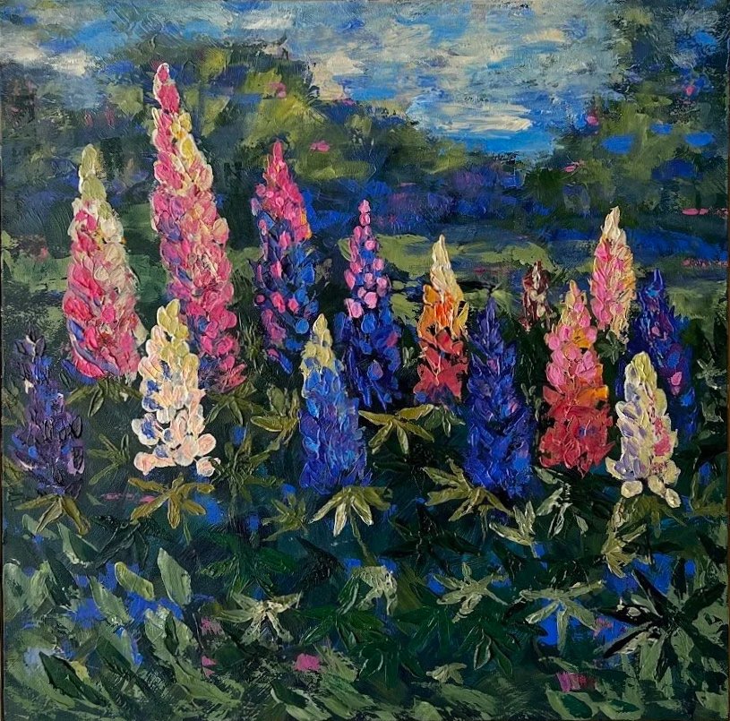 Sonja Carnier - "Lupins in Arrowtown " - Acrylic on canvas - 67cm x 67cm - $1200