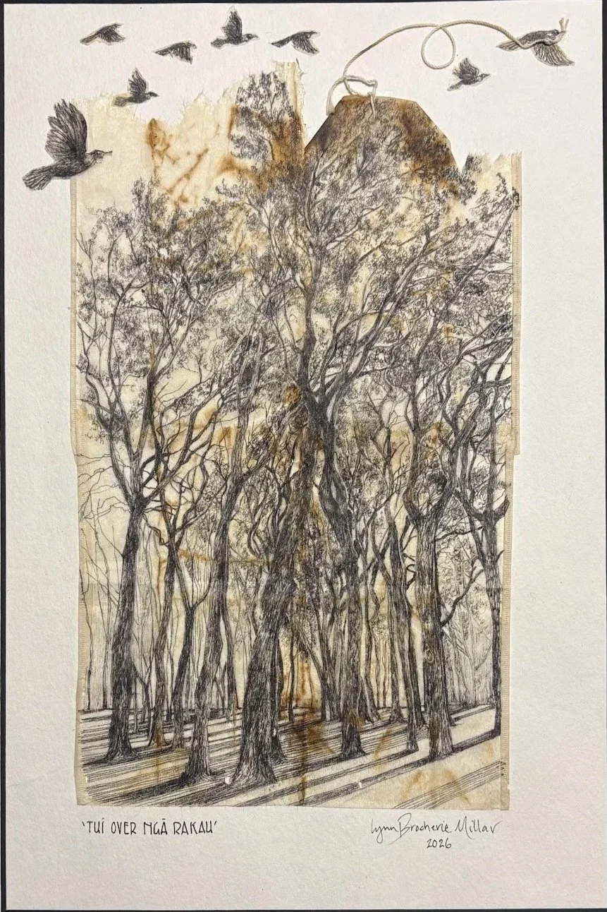 Lynn Brocherie Millar  - "Tui over Ngā Rakau" - Pen on repurposed tea bags - 35,5cm x 28cm - $695