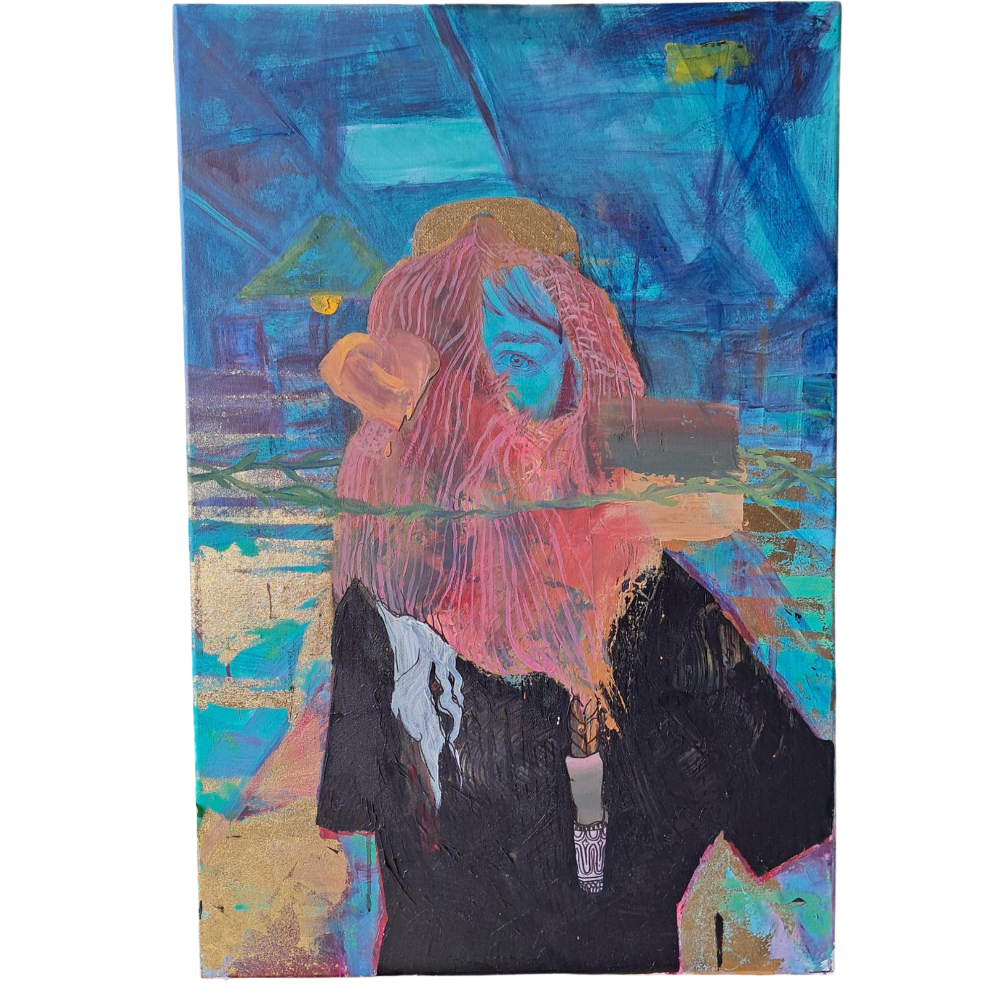Jade Hardy - Book Shop Reader - Acrylic, Gold Leaf, Sharpie, Gouache (Mixed Media) on canvas - 60cm x 38cm x 1cm - $650