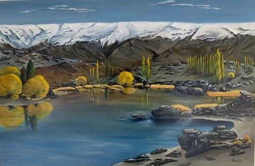 Paula Gray - "Autumn at Butchers Dam" - Acrylic - 90 x 60cm - Painting inspired by the rugged beauty of Central Otago, the golden hues, and serenity of the lake of Butchers Dam - $1,250
