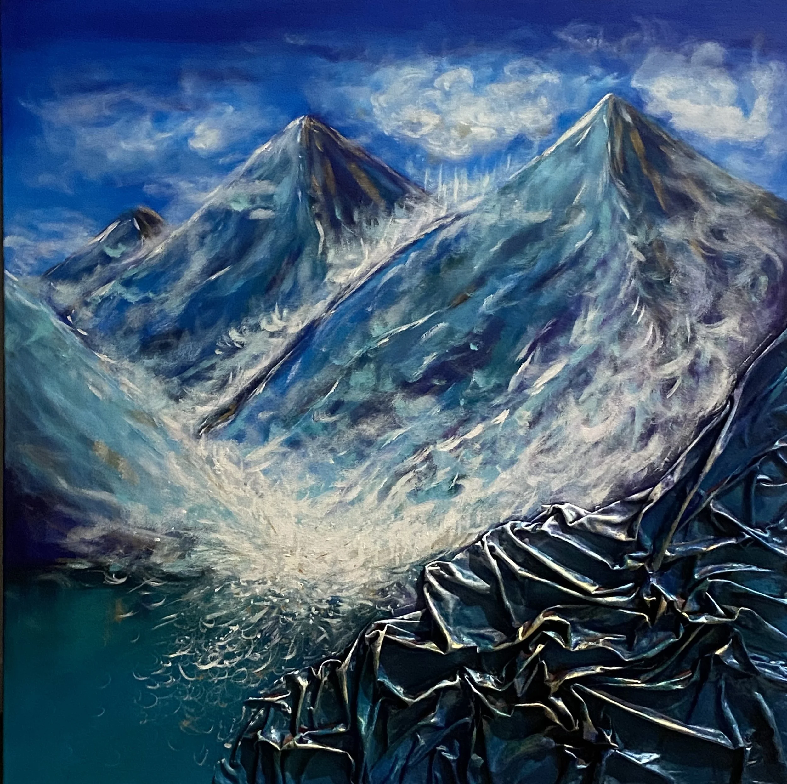 Karina Fay - "The Sky is falling" - Acrylic and Material on Canvas - 76 x 76cm - $850
