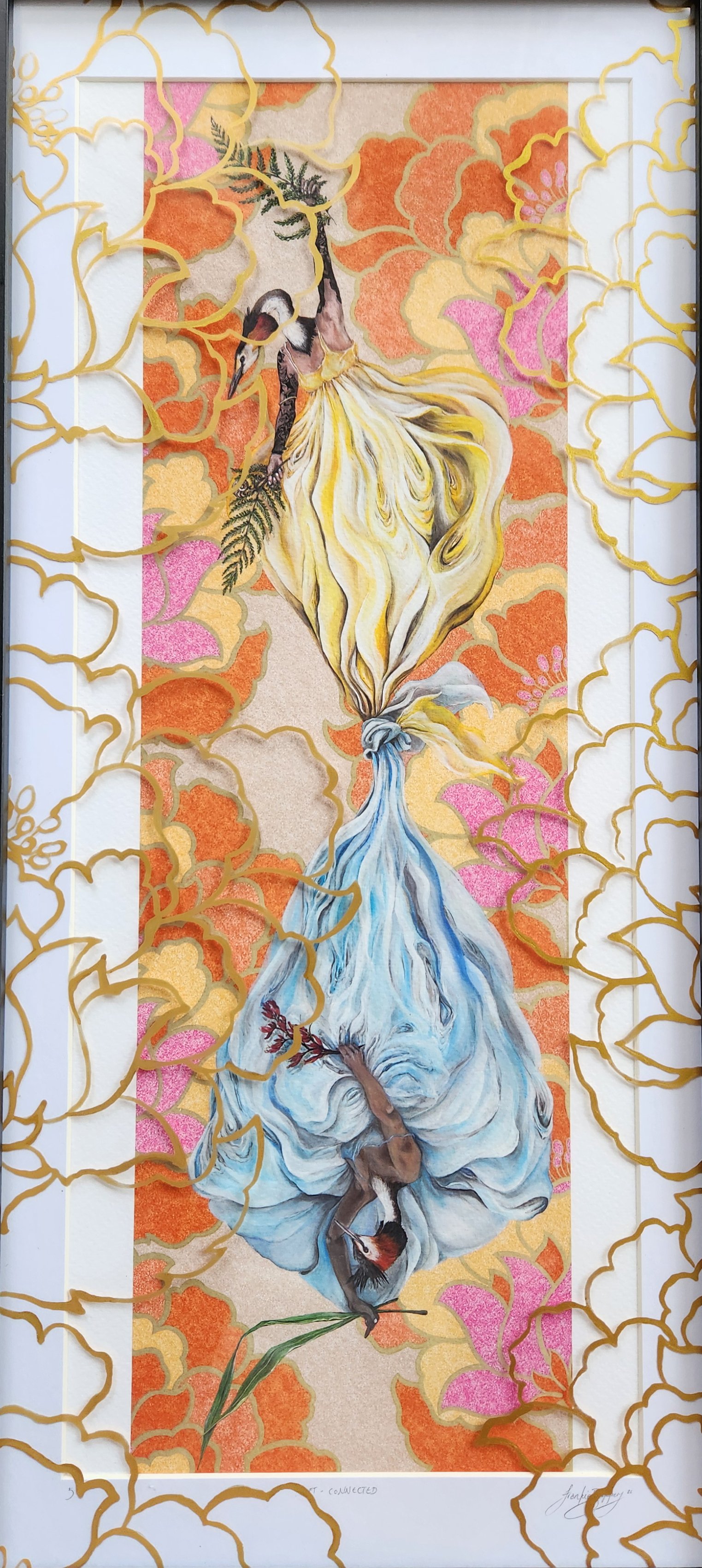 Frankie Bakker - "Lift – Connected, Pūtēketē" - Giclée print and gold ink on glass, in black box frame - 52.5 x 25.5 cm - $485