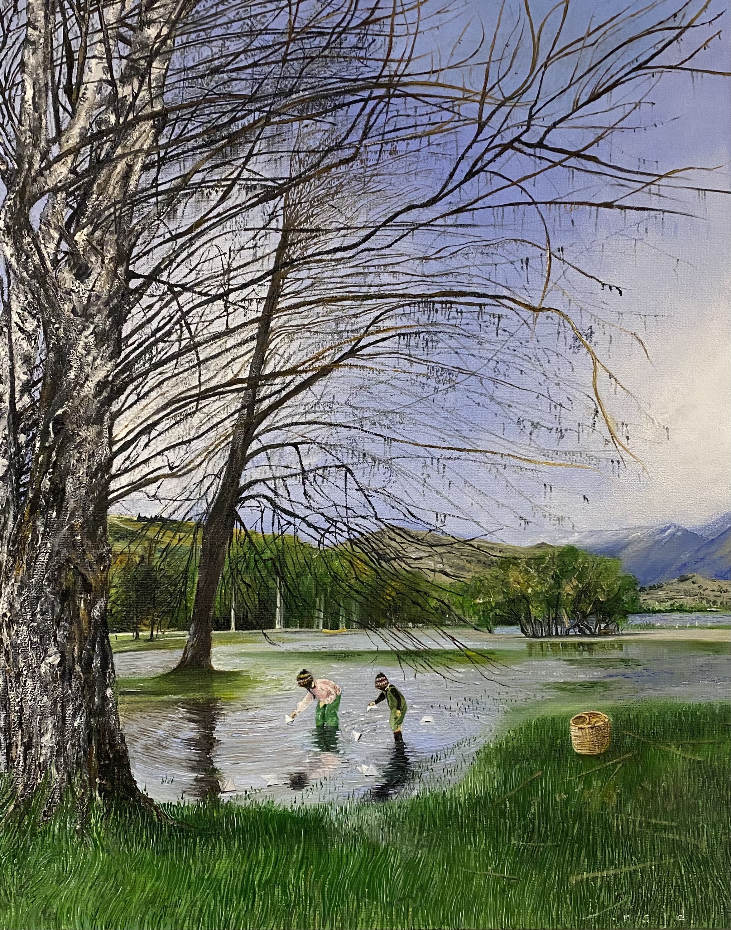 Shahrzad Najd - Lake Hayes and Paper Boats - Oil on Canvas - 40cm x 50cm - $1450