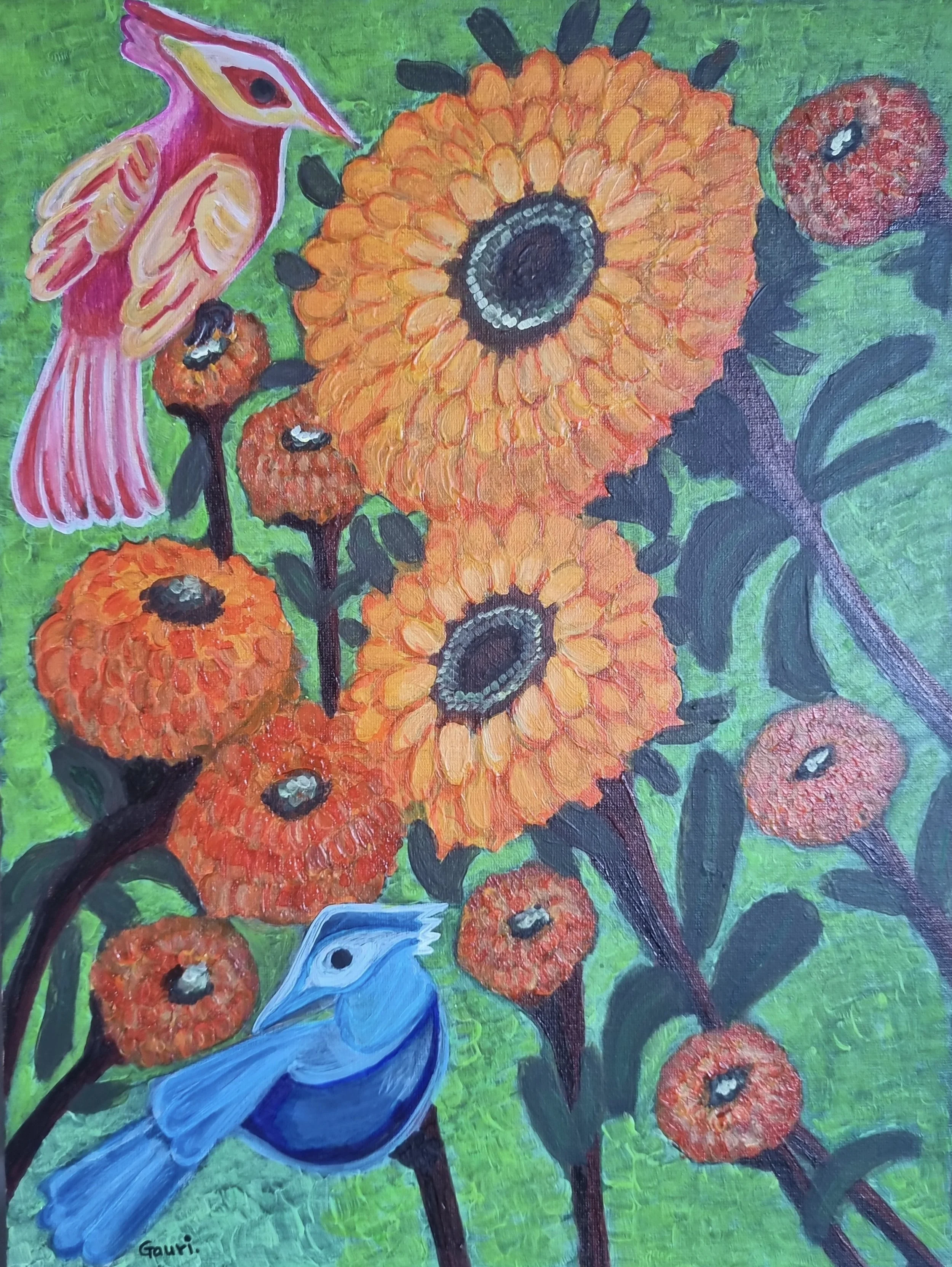 Gauri Shirsekar - "Warmth & Chirps" - Acrylic on Canvas - 30 x 41cm - $450