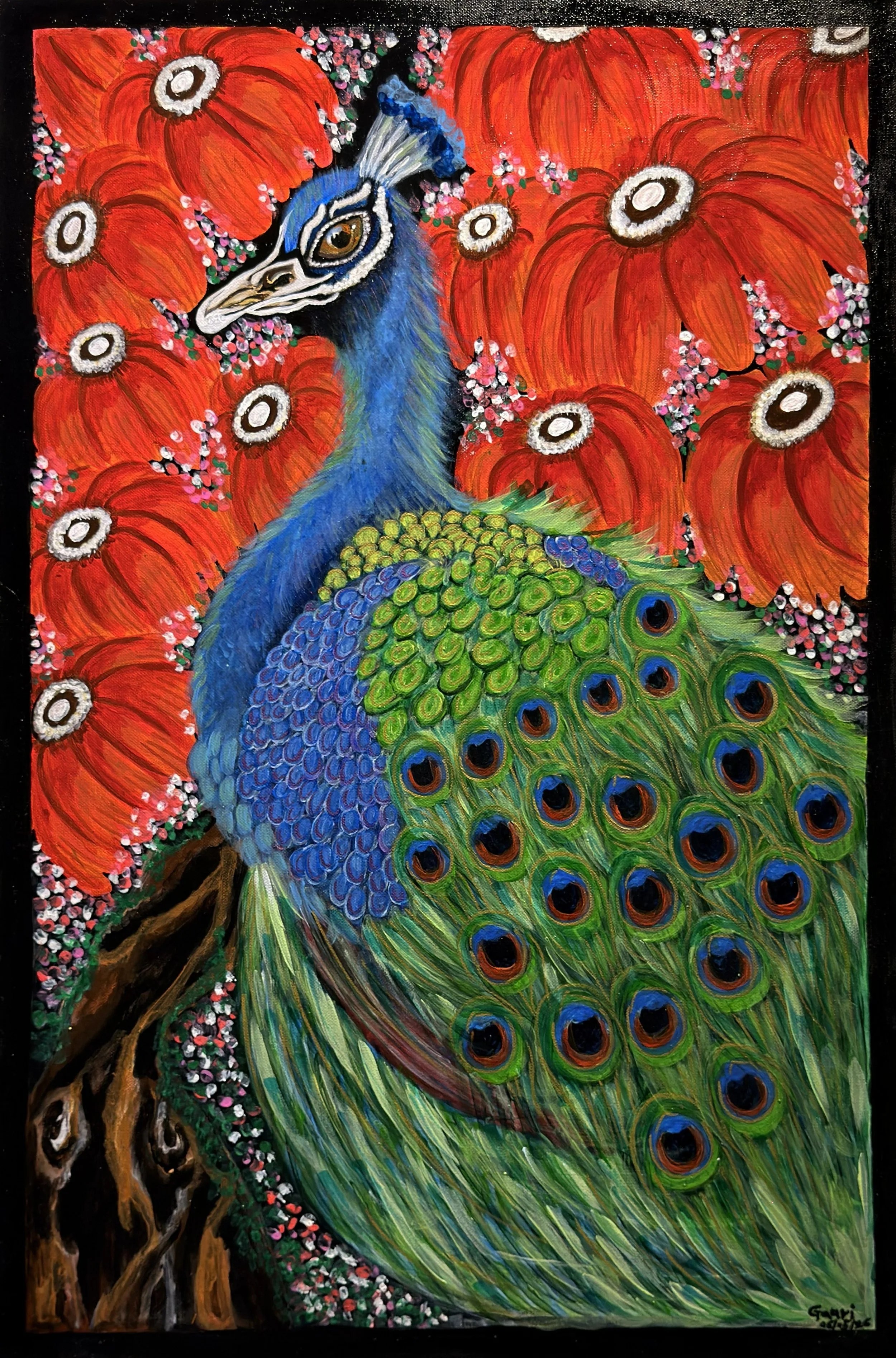 Gauri Shirsekar - "Peacock in flowers" - acrylic on canvas  - 76x51 - $870