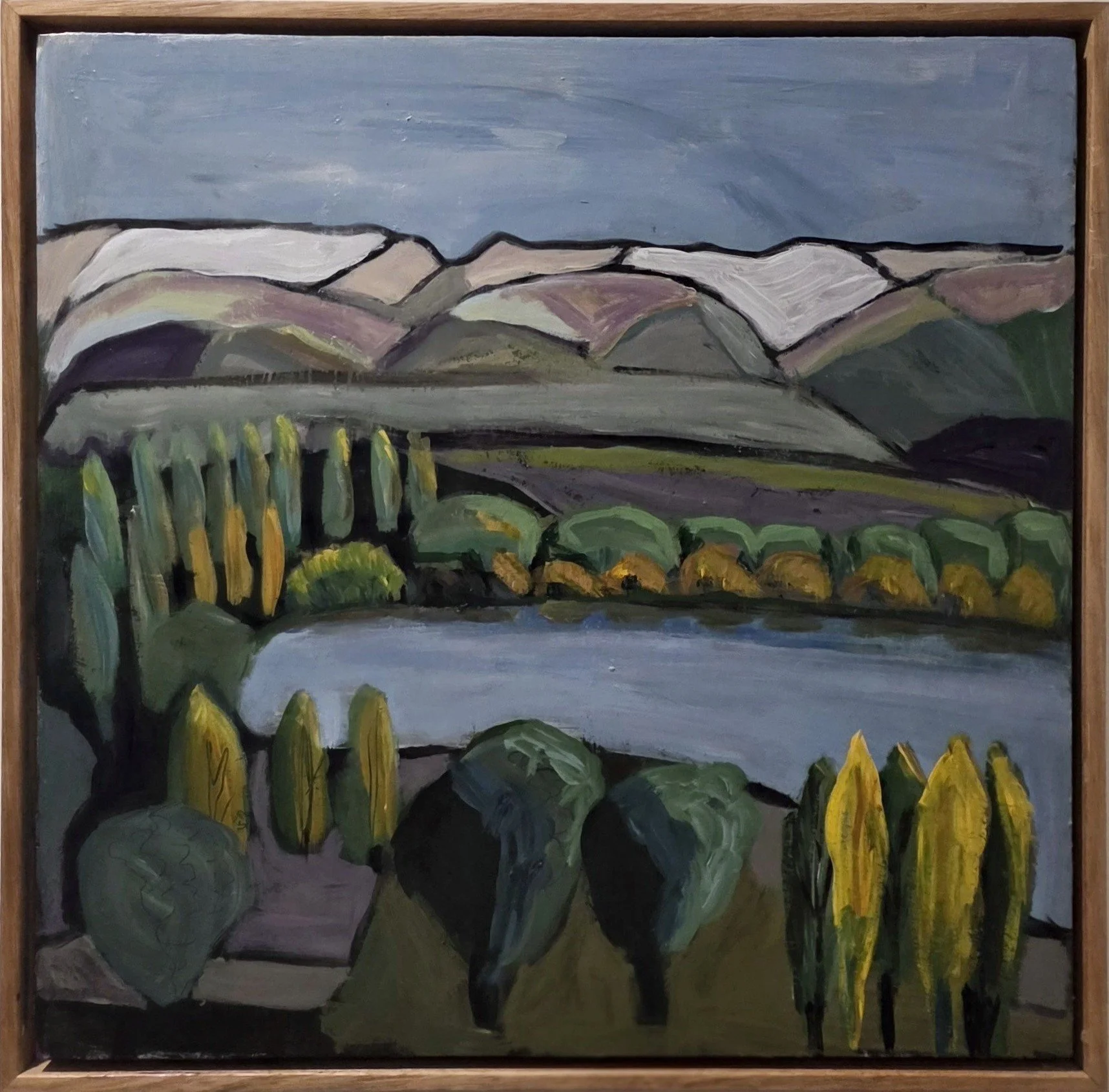Katie Robinson - "Autumn at Carrick" - Acrylic on Board in Tray Frame - 42 x 42cm - I live in Alexandra, where the weather and changing seasons have a constant influence on my work. Summers are hot and dry, winters are crisp, and snow can linger on t