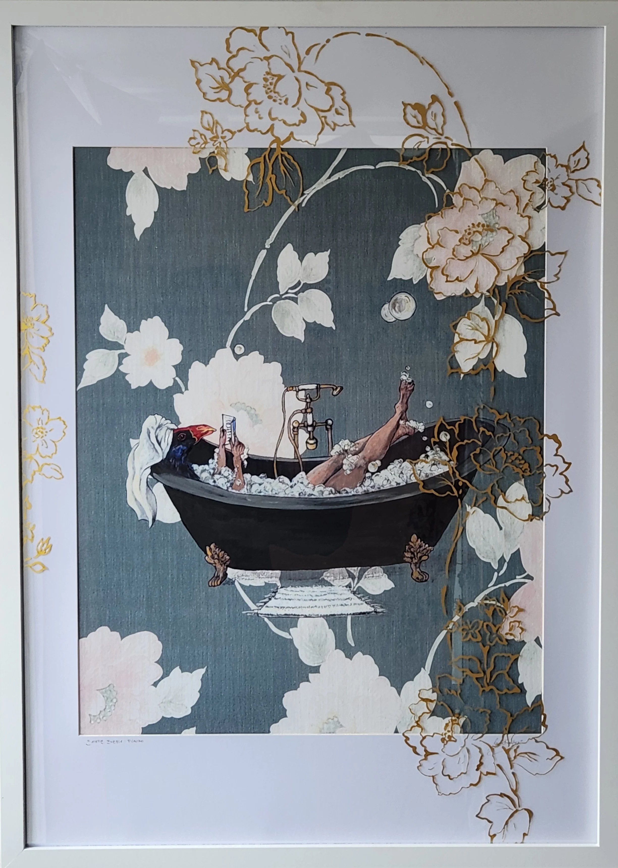 Frankie Bakker - "Bubble Bath Pukeko" - Acrylic on First Edition Fine Art Giclle print with Gold sumi ink on glass - 53 x 73cm - 
My work investigates the body as a relational archive of emotional and neurological experience within a contemporary, te