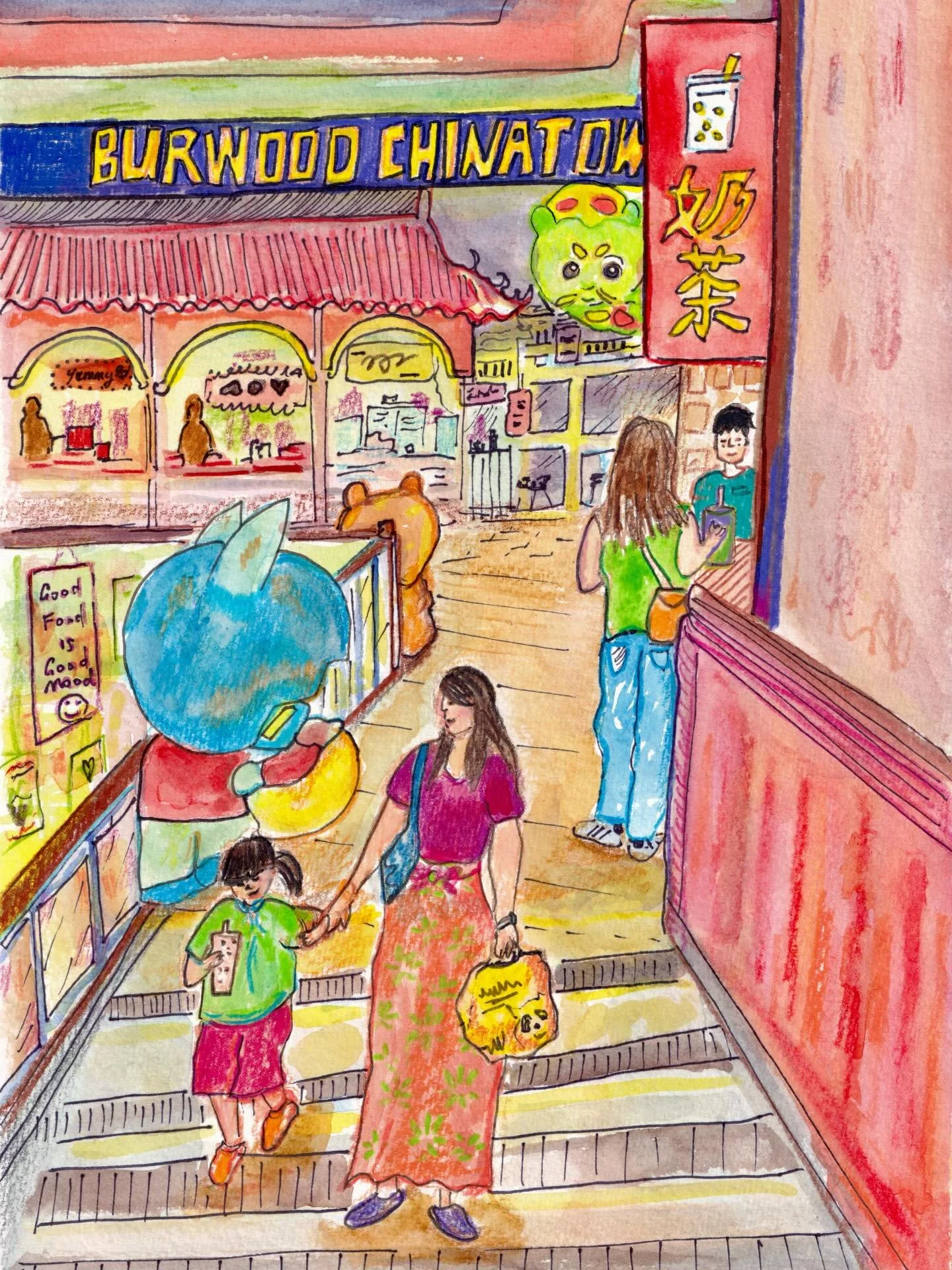 Burwood Chinatown - Good Food, Good Mood 🥟😋🧋

I wanted to use vibrant colours to give that child-like playfulness of this @burwoodchinatown scene. Experimenting with watercolours, coloured pencils and ink pens with this. 

&hellip; And who doesn&r