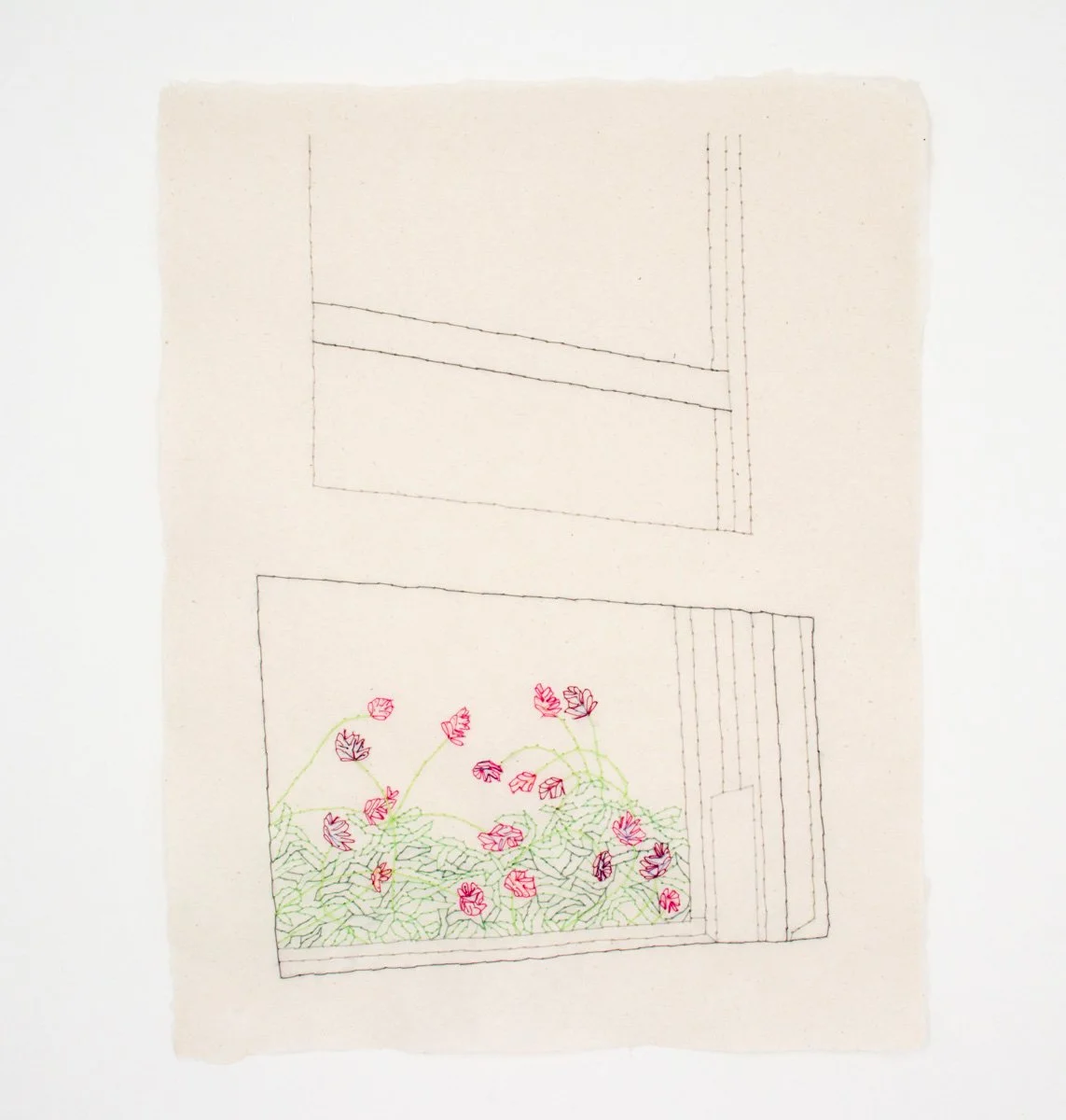 Jenna Bonistalli, Window Wisteria, Summer 2025, cotton and silk thread on handmade paper 14x11"