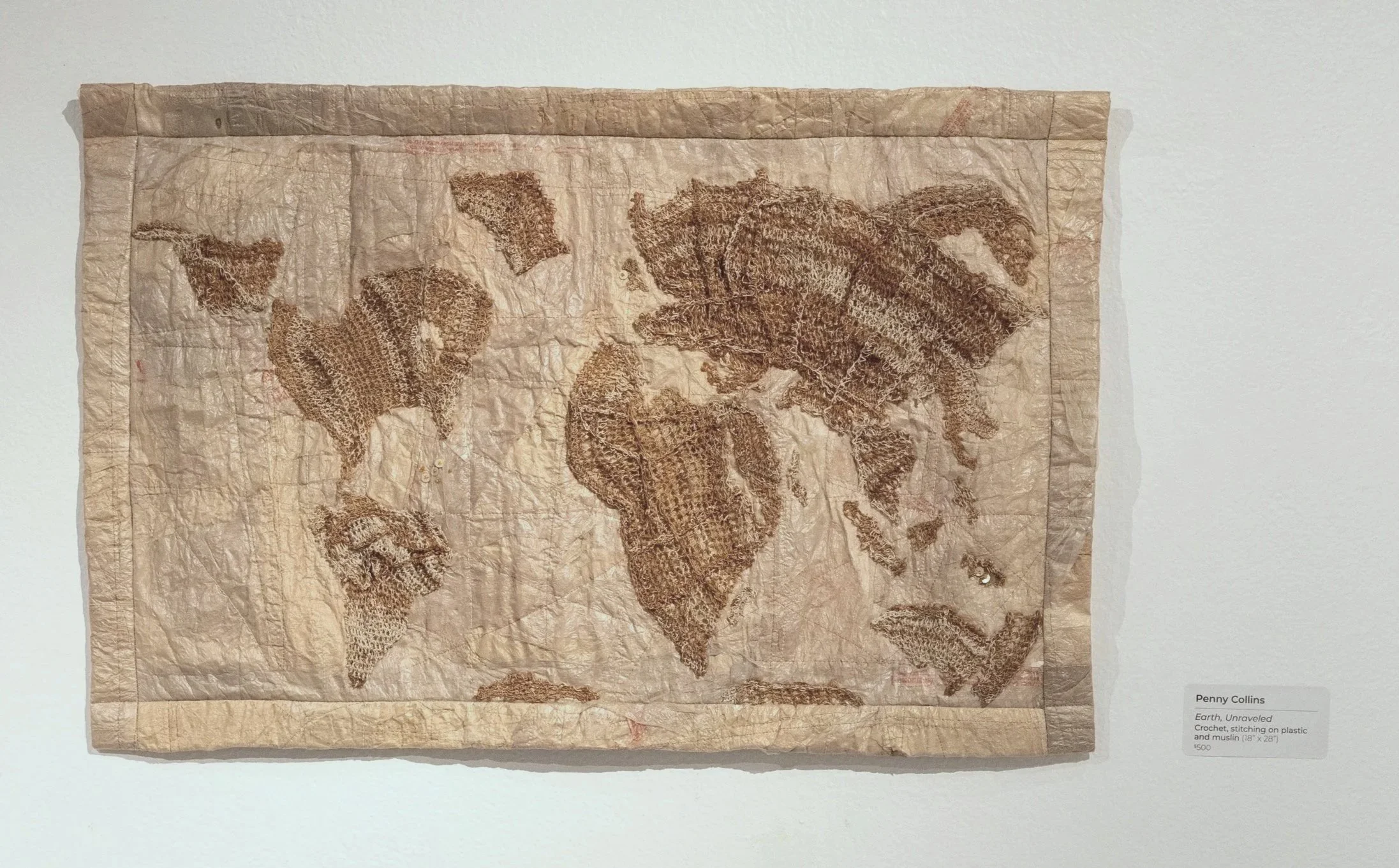 Penny Collins, Earth Unraveled,
crochet, stitching on plastic and muslin_
