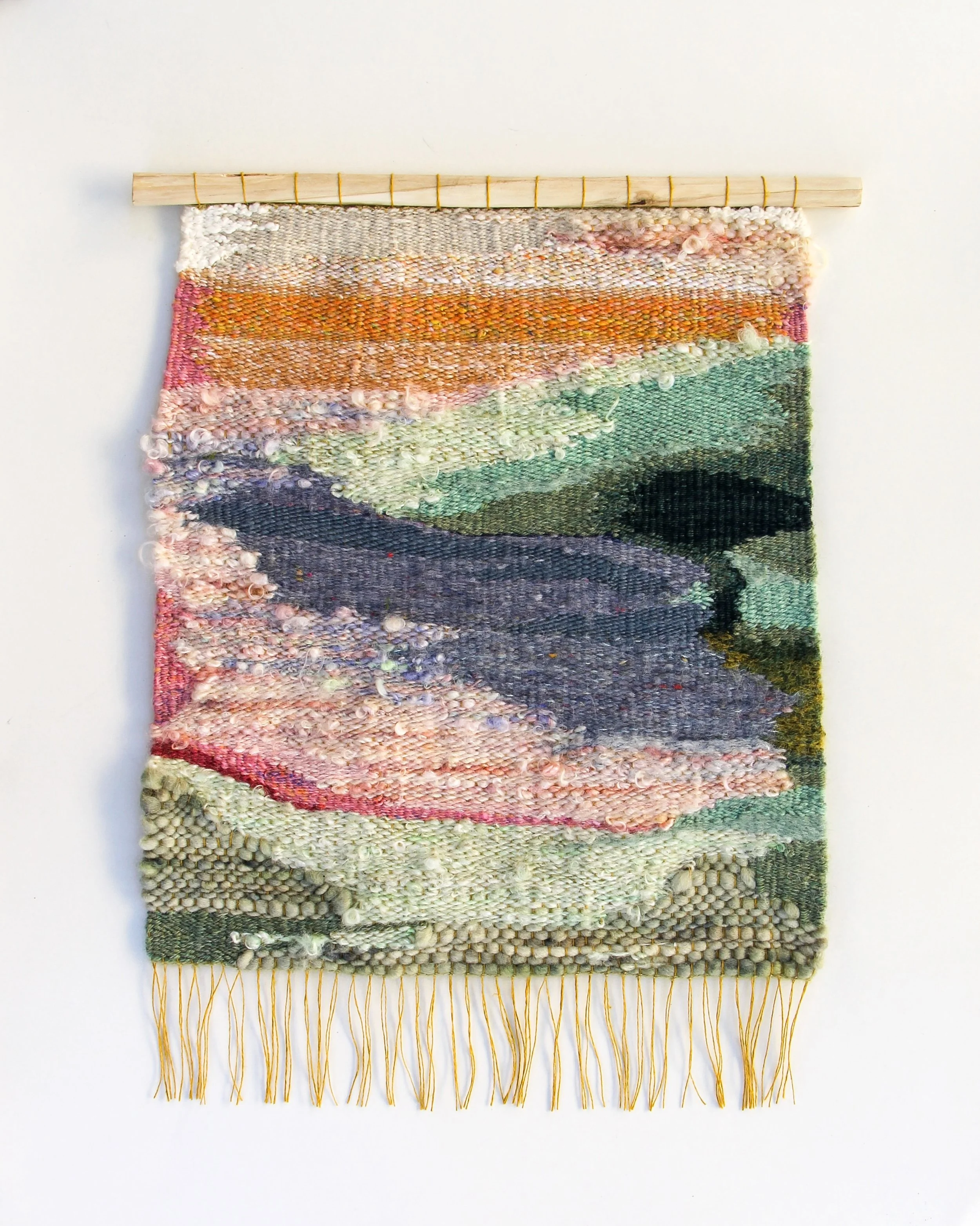 Fiona Simpson, All That Happens In a Year, woven wool and linen, wooden dowel, 19x15"