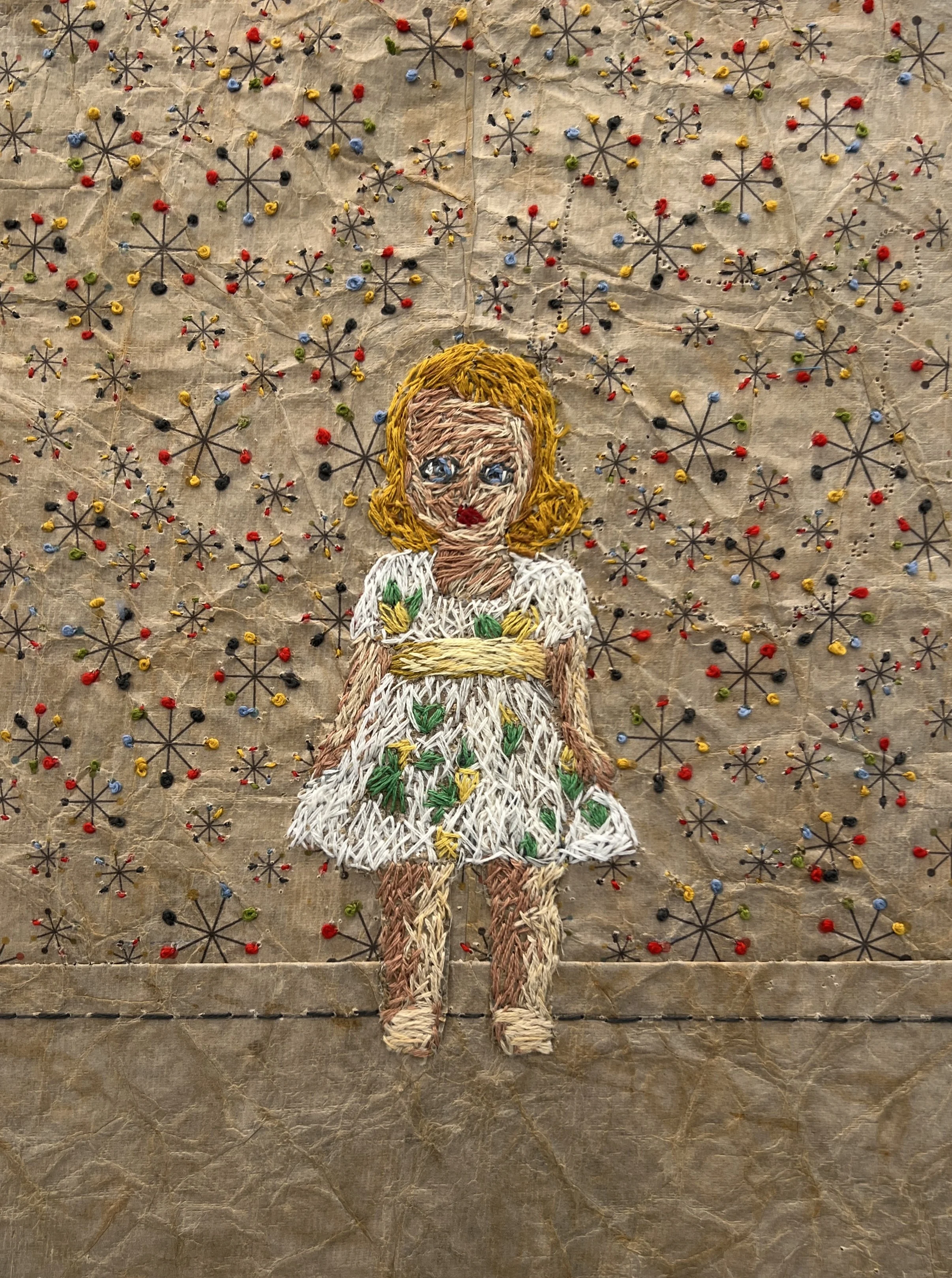 Kristin Meuser, Frozen in the FIfties, embroidery on lokta paper, 11x8.5"