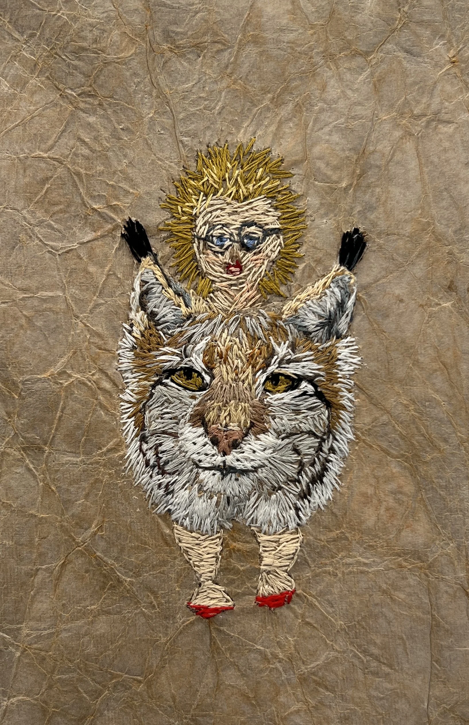Kristin Meuser, Hybrid Doll, embroidery on lokta paper, 11x8.5"