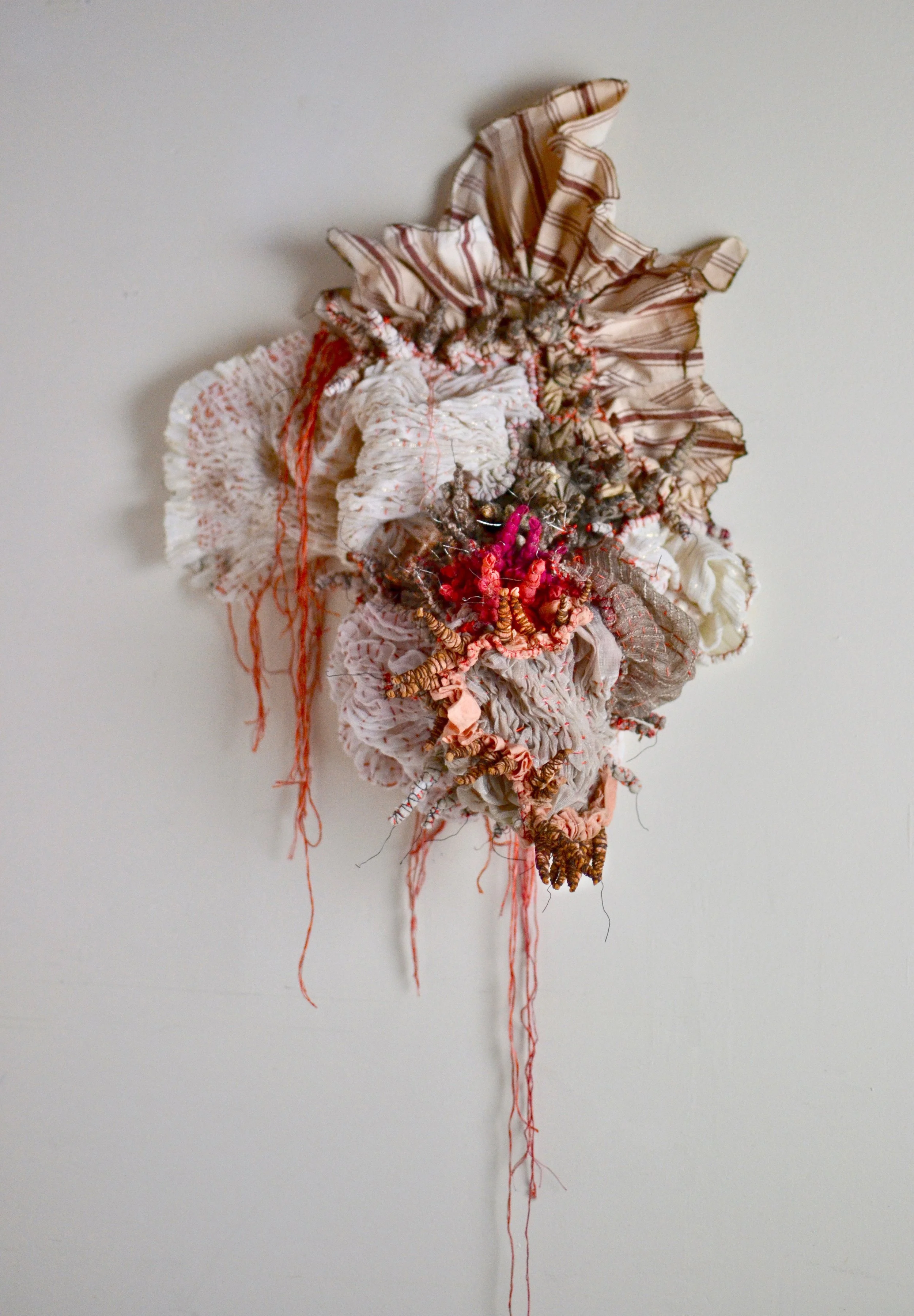 Debbie Carlson, Recollection, shibori stitched hand dyed reclaimed fabric remnants, 12x24x18"