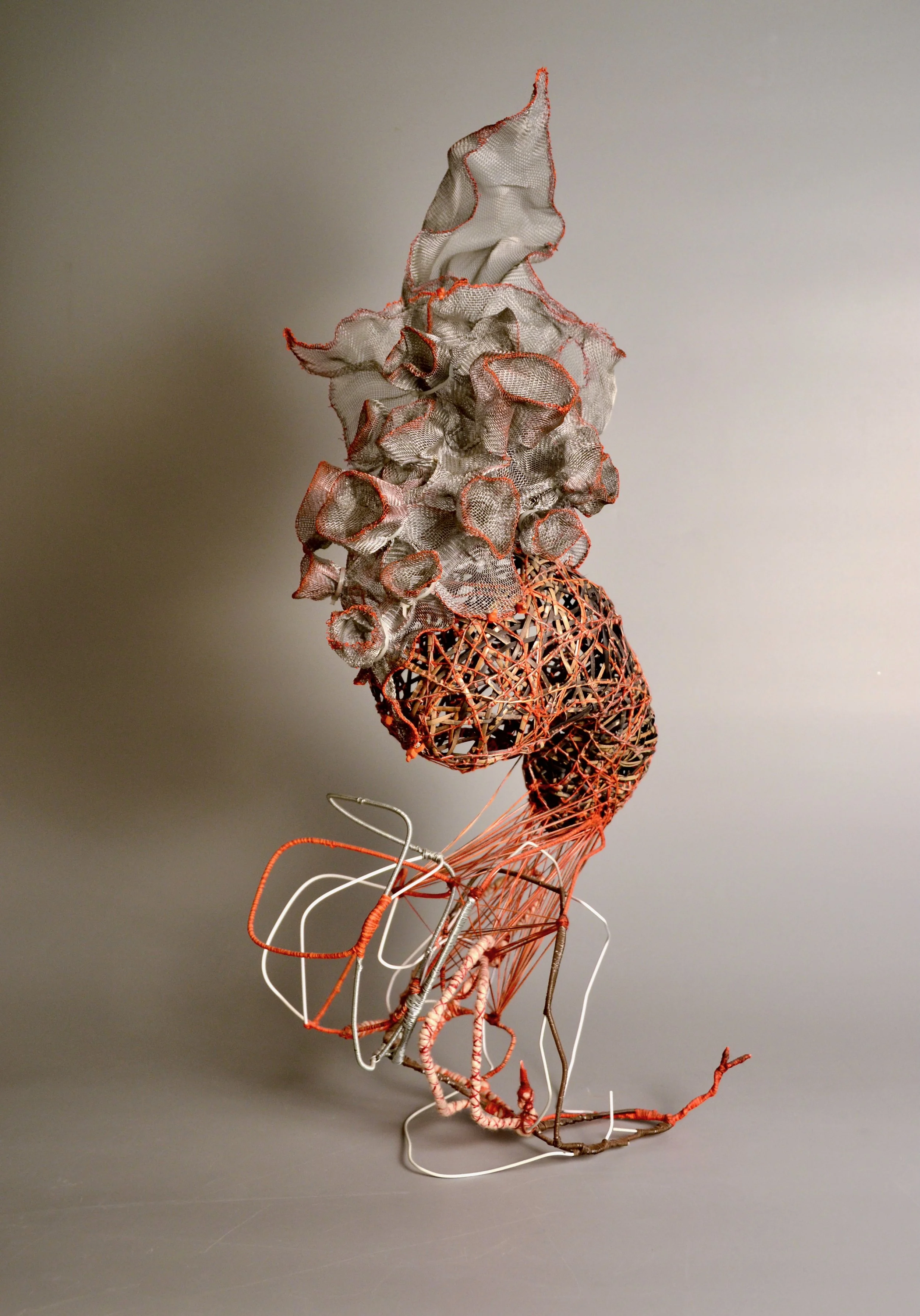 Debbie Carlson, Manifestation, shibori stiching, random weave, hand spun and hand dyed, yarn, coiling, 13x24x8"