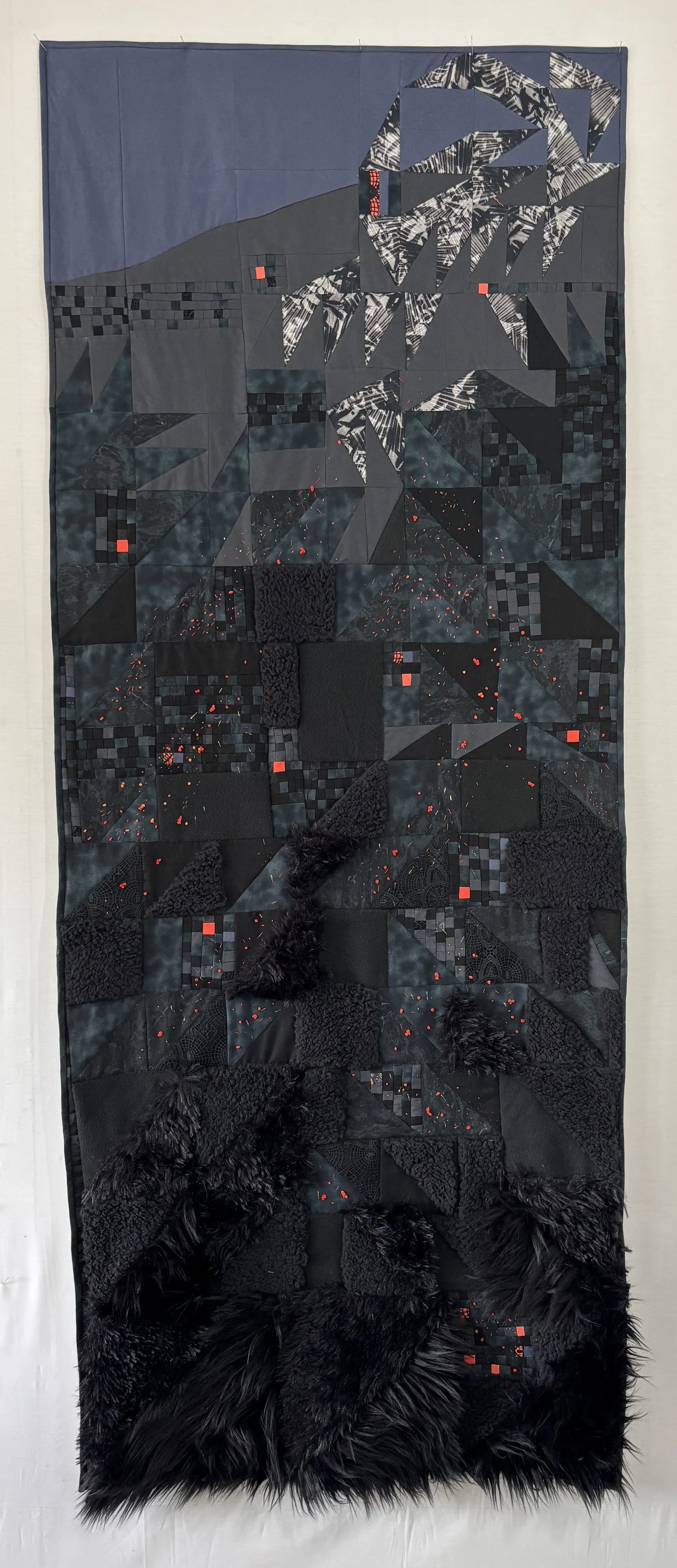Niki Voss, LA Fire Harbinger (1), embroidery on quilt, 74x30"
