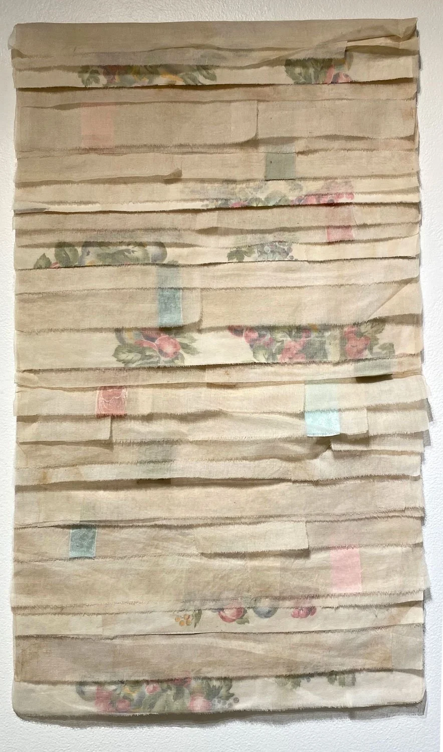 Victoria May, Figments of Meg's Kitchen, organdy curtains, vintage screen
printed tablecloth, found fabrics, canvas, 48x24.75”