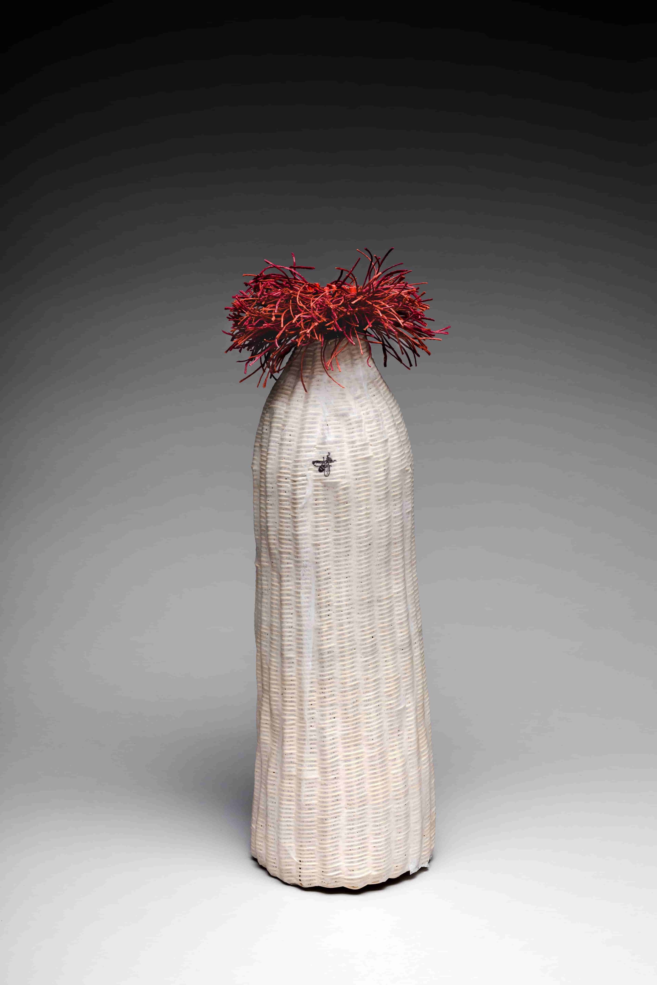 Sandy Abrams, Fly Away, rattan, rice paper, waxed linen, stamps, 22x8"