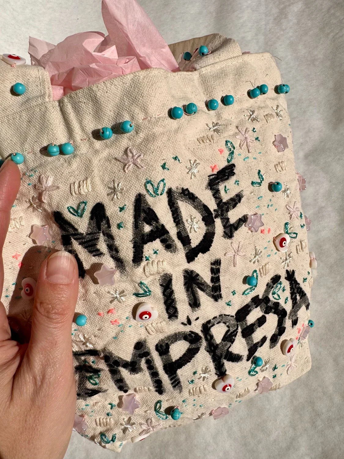 Shagane Barsegian, Dream Catcher, embroidery and beads on cotton tote, 10x9"