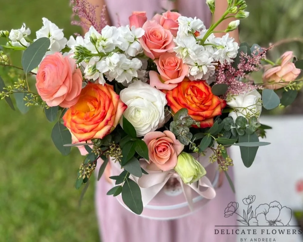 Custom rose bouquet with peach, coral, and white flowers by Delicate Flowers by Andreea in Wesley Chapel, Florida
