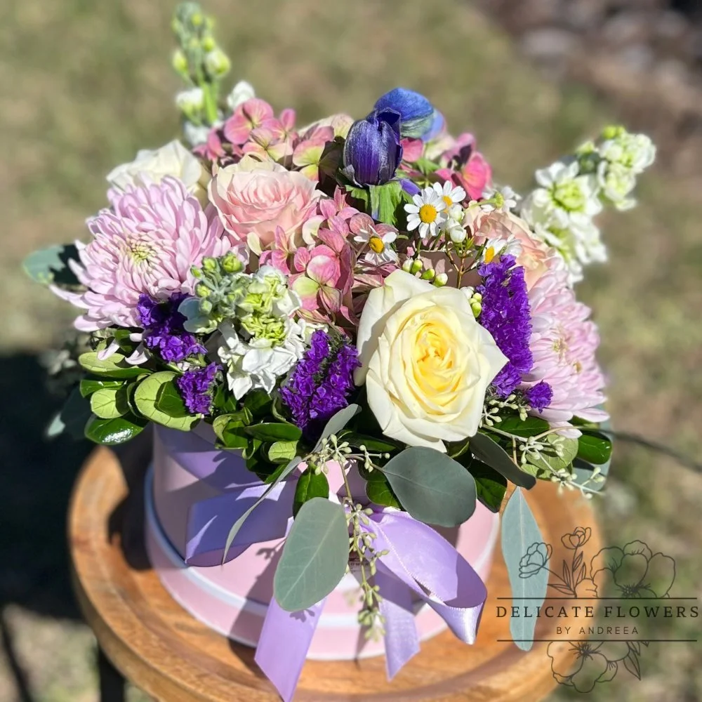 Pink mums, candlelight & white stock in a pink hatbox — handcrafted same-day by Delicate Flowers by Andreea in Wesley Chapel, Florida