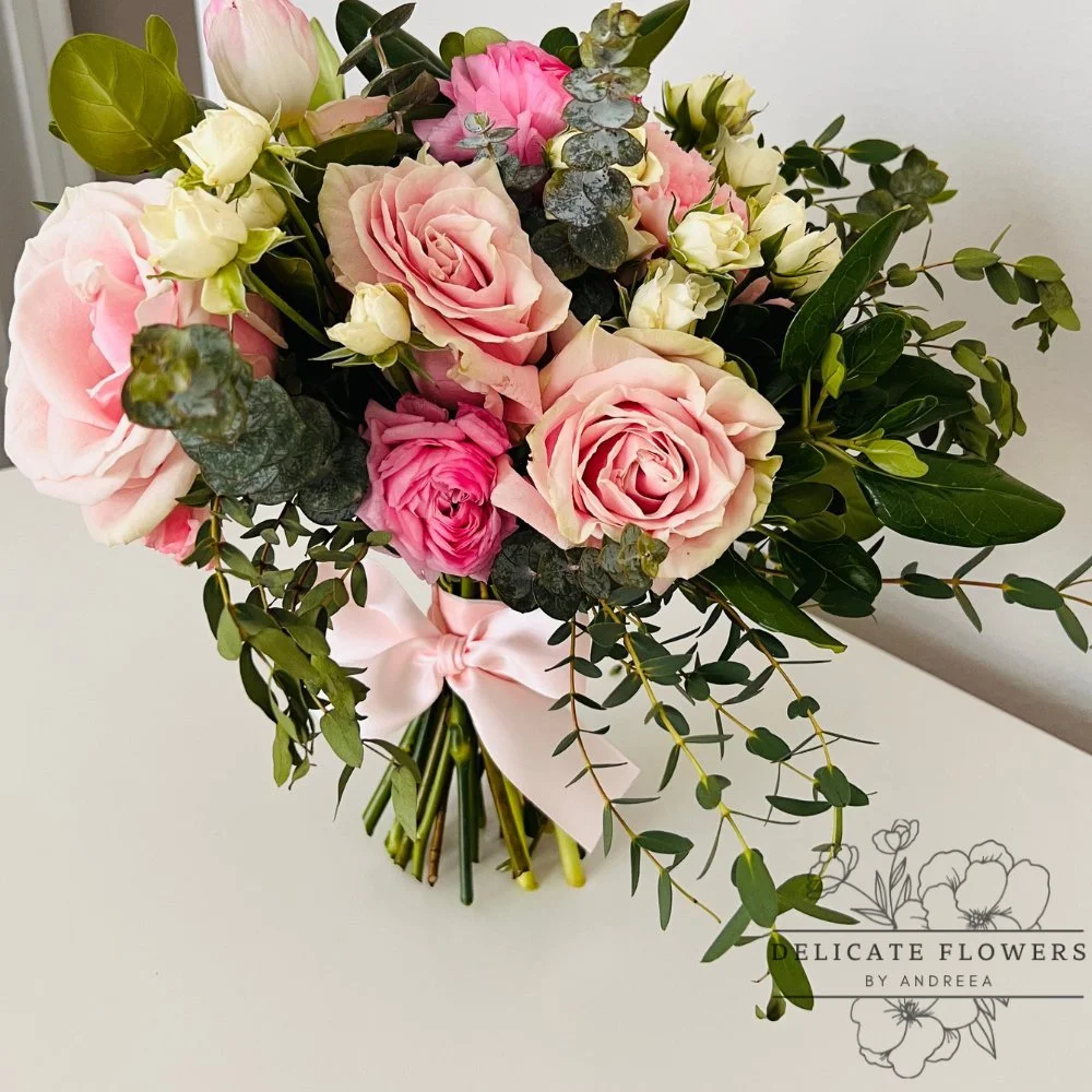 Hello Wifey bridal flower arrangement with elegant blooms and romantic textures