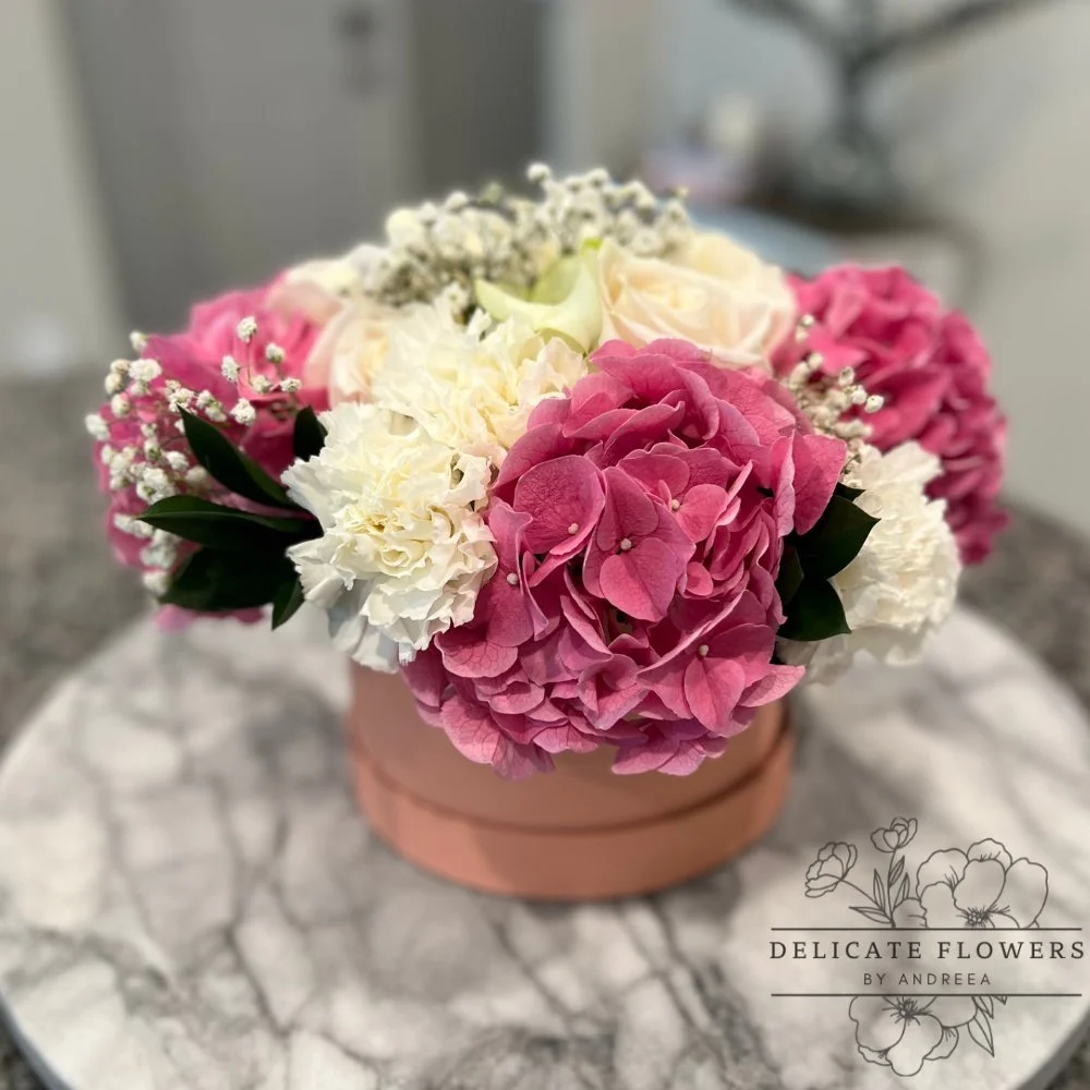 Nature’s Elegance flower arrangement with pink hydrangea, ivory roses, white blooms, baby’s breath, and greenery