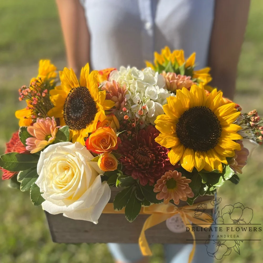 Autumn Charm flower arrangement with sunflowers, ivory roses, autumn mums, hydrangea, and greenery — handcrafted same-day by Delicate Flowers by Andreea in Wesley Chapel, Florida