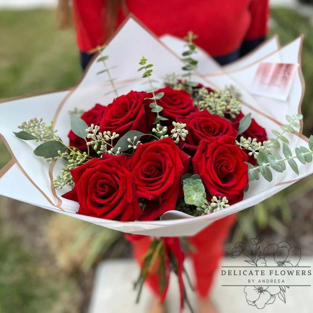 Be Mine bouquet with twelve red roses, eucalyptus, and seasonal greenery — handcrafted same-day by Delicate Flowers by Andreea in Wesley Chapel, Florida