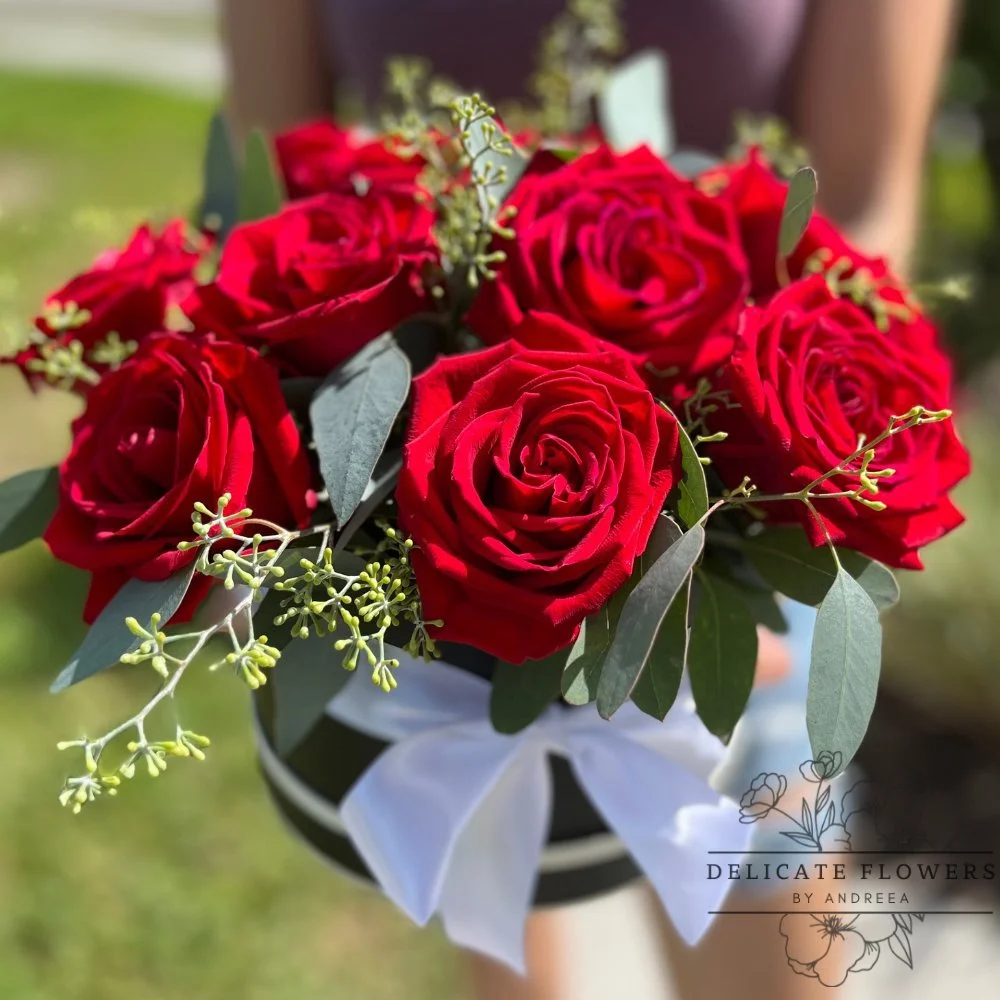 Dozen Roses bouquet with twelve red roses, fresh greenery, and a classic ribbon — handcrafted same-day by Delicate Flowers by Andreea in Wesley Chapel, Florida