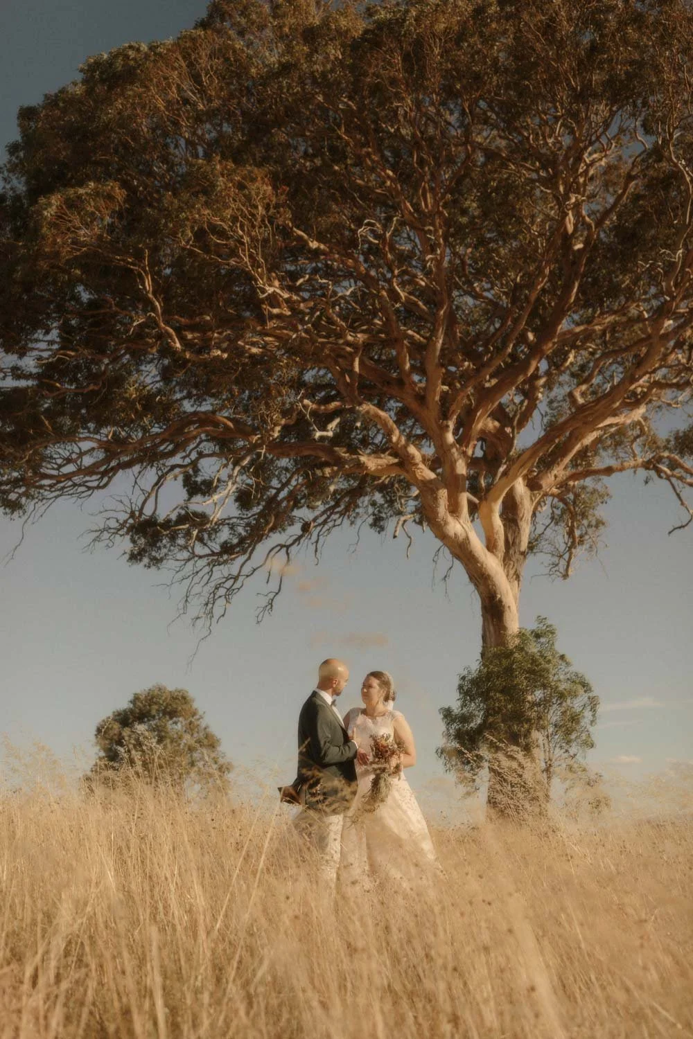A couple dressed in wedding attire standing and gazing at each other beneath a large tree in a grassy open field during their adventure elopement wedding in Canberra by Wander & Be.