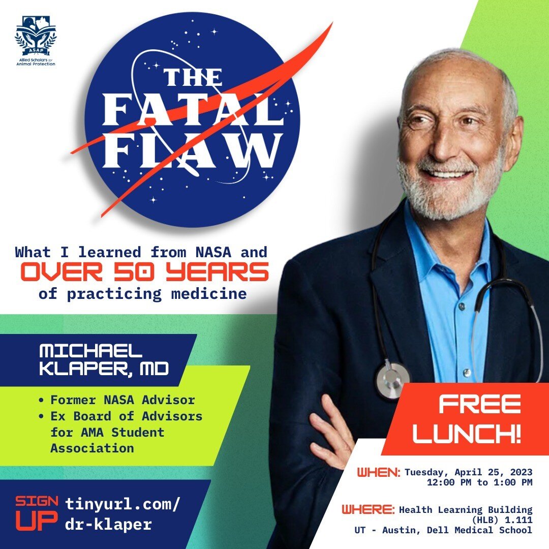 For our LAST event of the semester, we're hosting Dr. Michael Klaper (who was a former Nutrition Advisor to NASA!) 👨&zwj;🚀🚀

Allied Scholars will provide a FREE tasty lunch! 🍱

Tuesday, April 25, 2023 from 12 noon to 1 pm in the HLB 1.111 in the 
