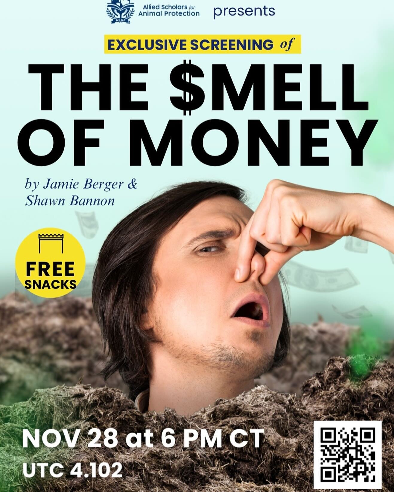 Come join us tomorrow evening for an exclusive screening of The Smell of Money, an unreleased movie detailing the corruption of animal agriculture!
