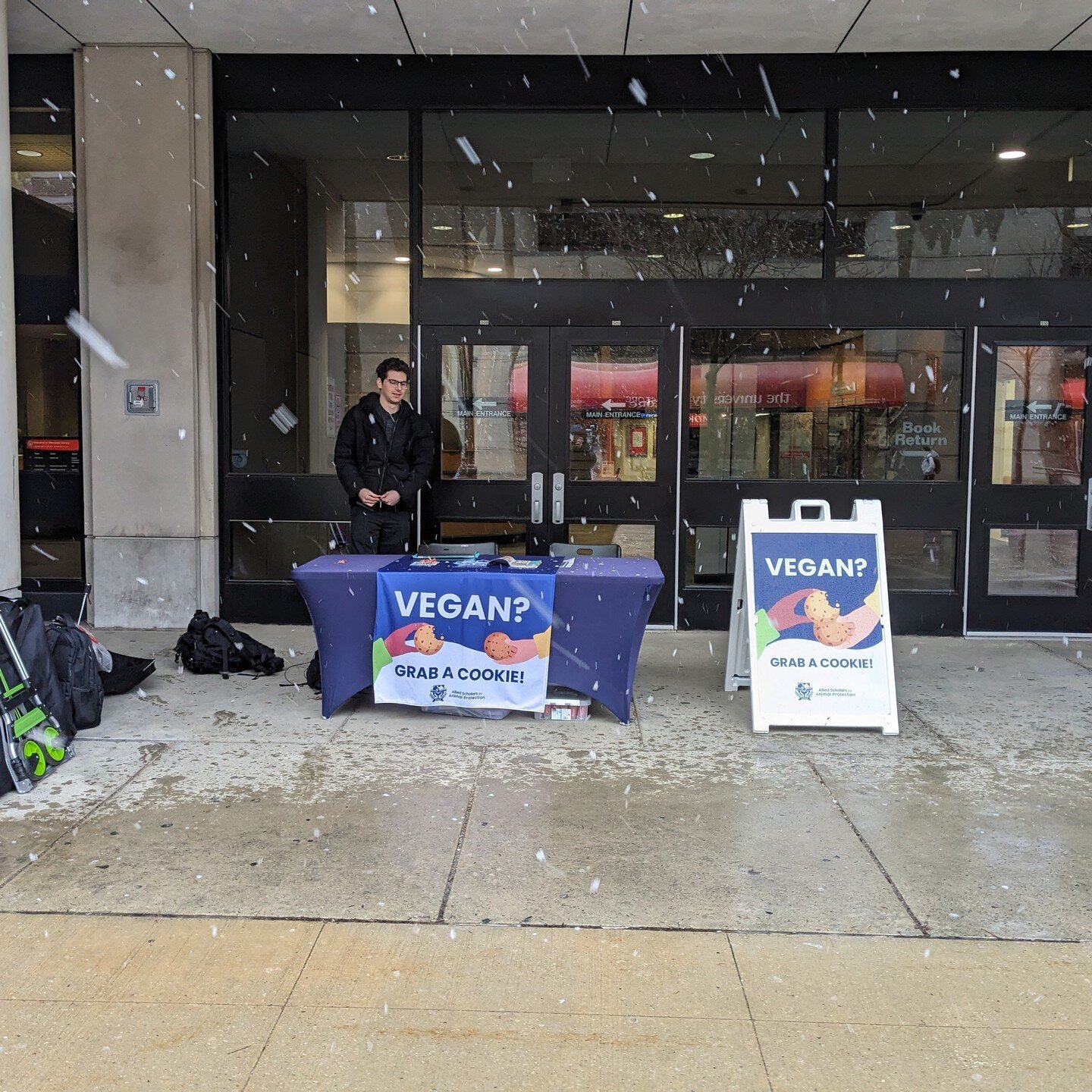 It's snowing but we're still out here!

Come graph a cookie, chat about veganism, and sign up for our email list. :)

alliedscholars.org/uwmadison