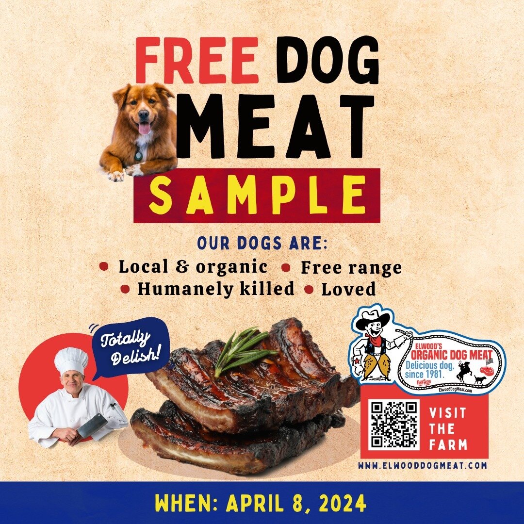 Are you ready to try Elwood's Organic Dog Meat?

Please meet us at Memorial Plaza TOMORROW for free samples!

#dog #meat #animal
