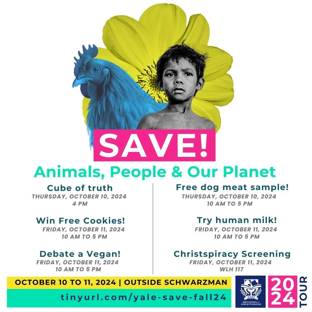We're SAVING animals, environment, and people next week at Yale!
Come join us outside Schwarzman.
#vegan #animal #peace