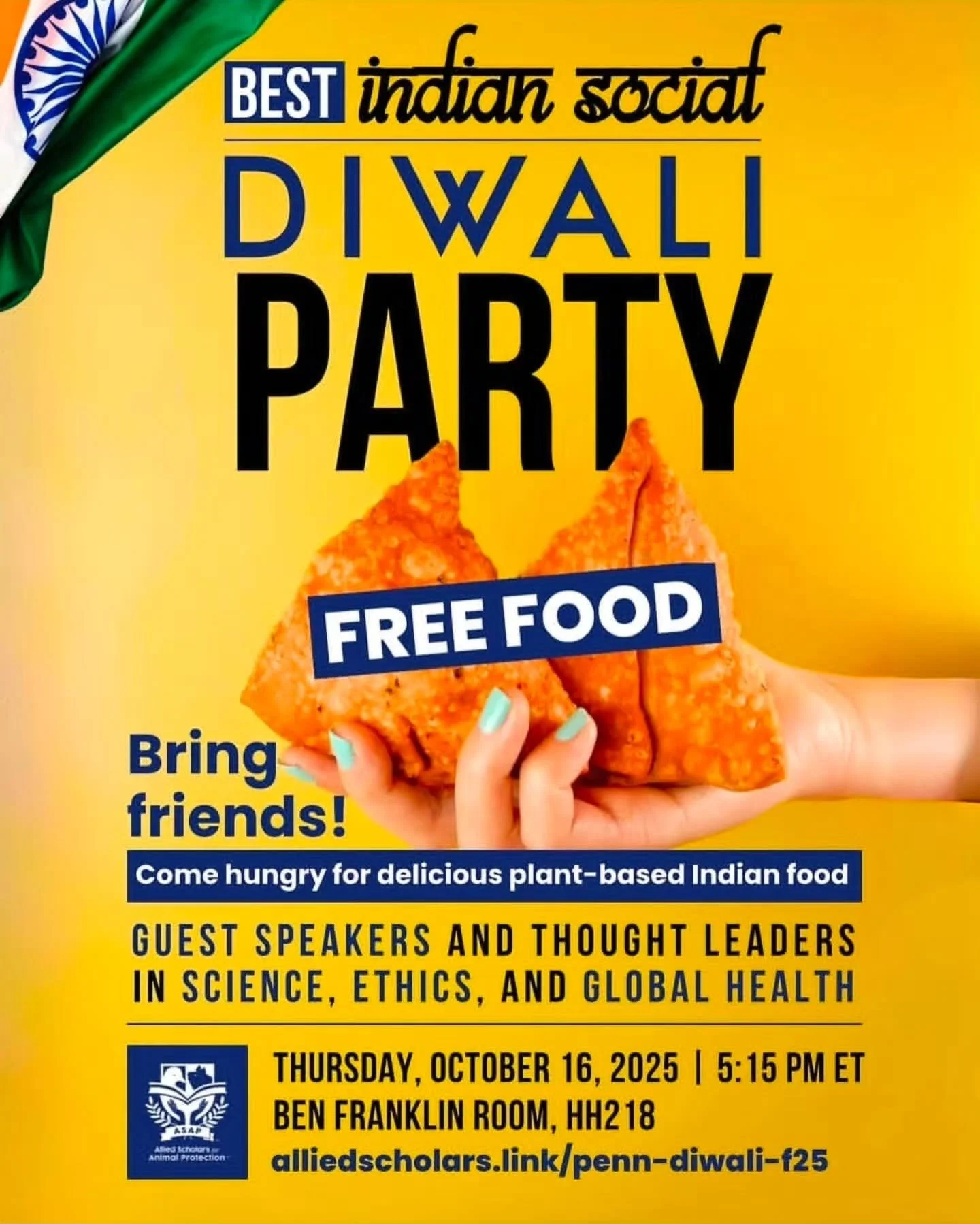 UPenn Diwali Party
β¨ The BEST Diwali party you don’t wanna miss! π
All @uofpenn Students Are Invited!
Enjoy free plant-based Indian food, guest speakers, and inspiring talks about impactful careers in medicine, law, finance, engineering, po
