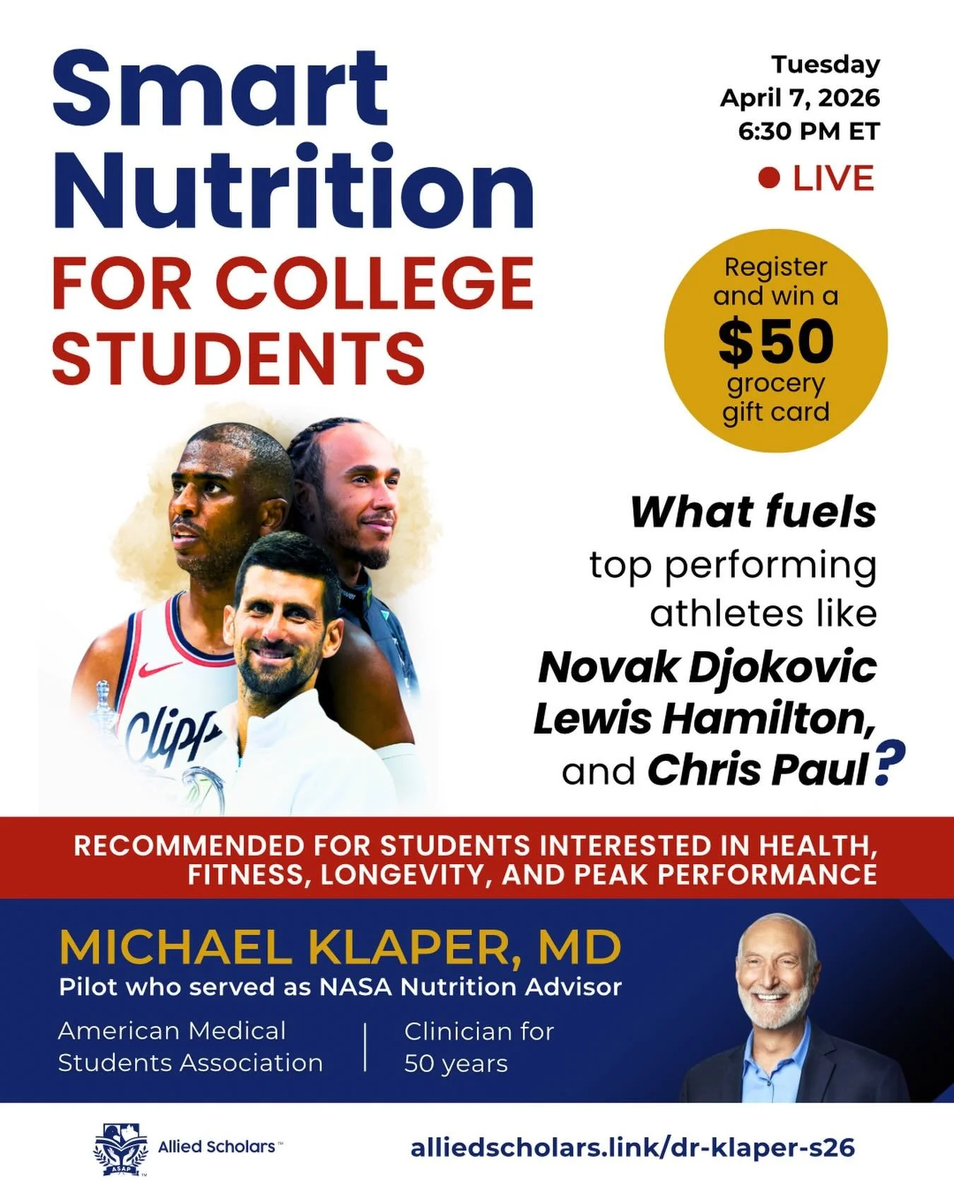 📆 On Tuesday, April 7, at 6:30 pm ET Dr. Klaper is going to be sharing an EXCLUSIVE interview with Allied Scholars. 

💊 The real medical secret to peak athletic performance? The best way to guarantee health longevity? How can we solve some of the l