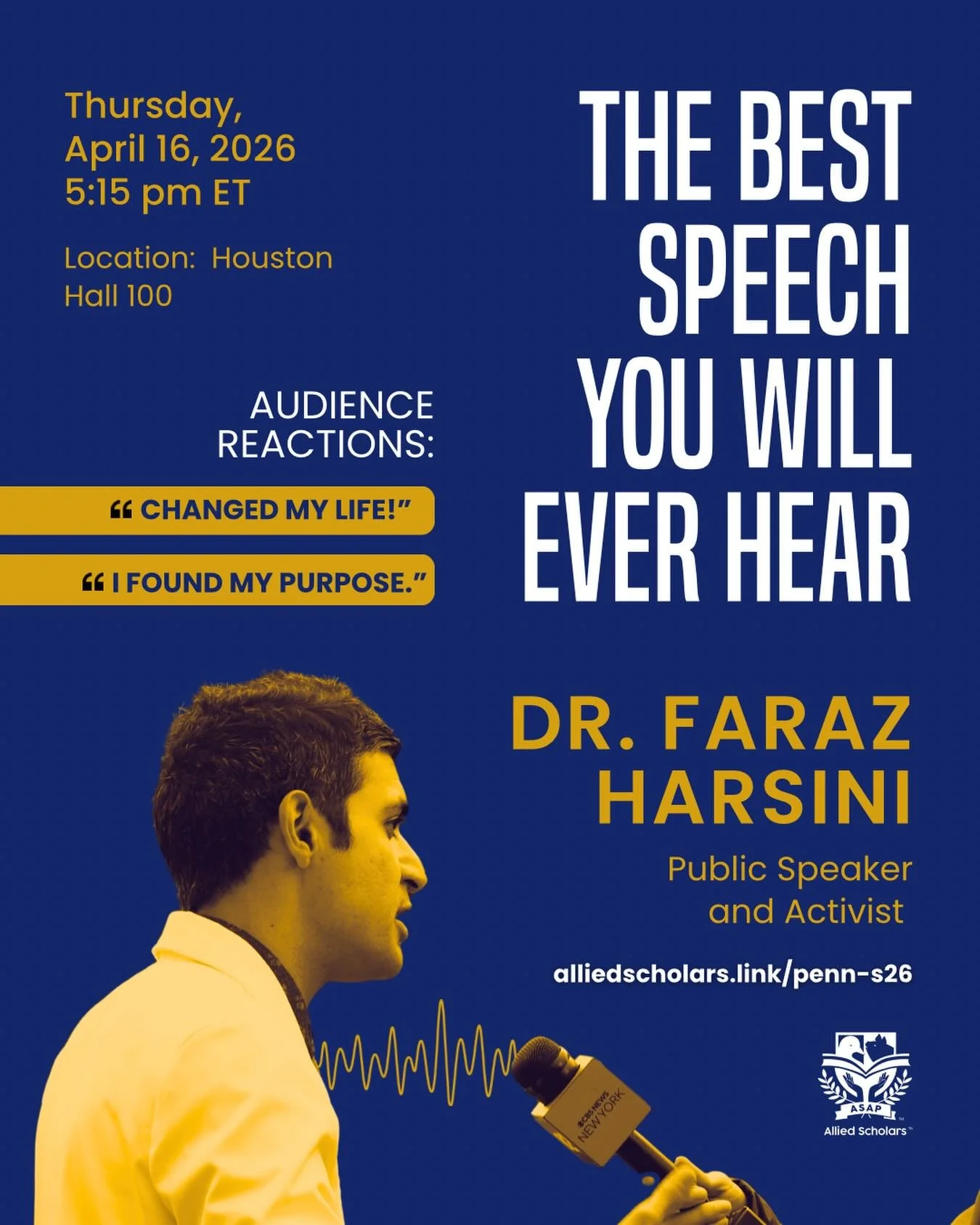 📅 On Thursday, April 16, at 5:15 pm ET in Houston Hall 100 join us for the best speech you will ever hear!

💼 Our speaker has given hundreds of lectures across the nation and has guided countless students to meaningful careers!

🔗 Check the link i