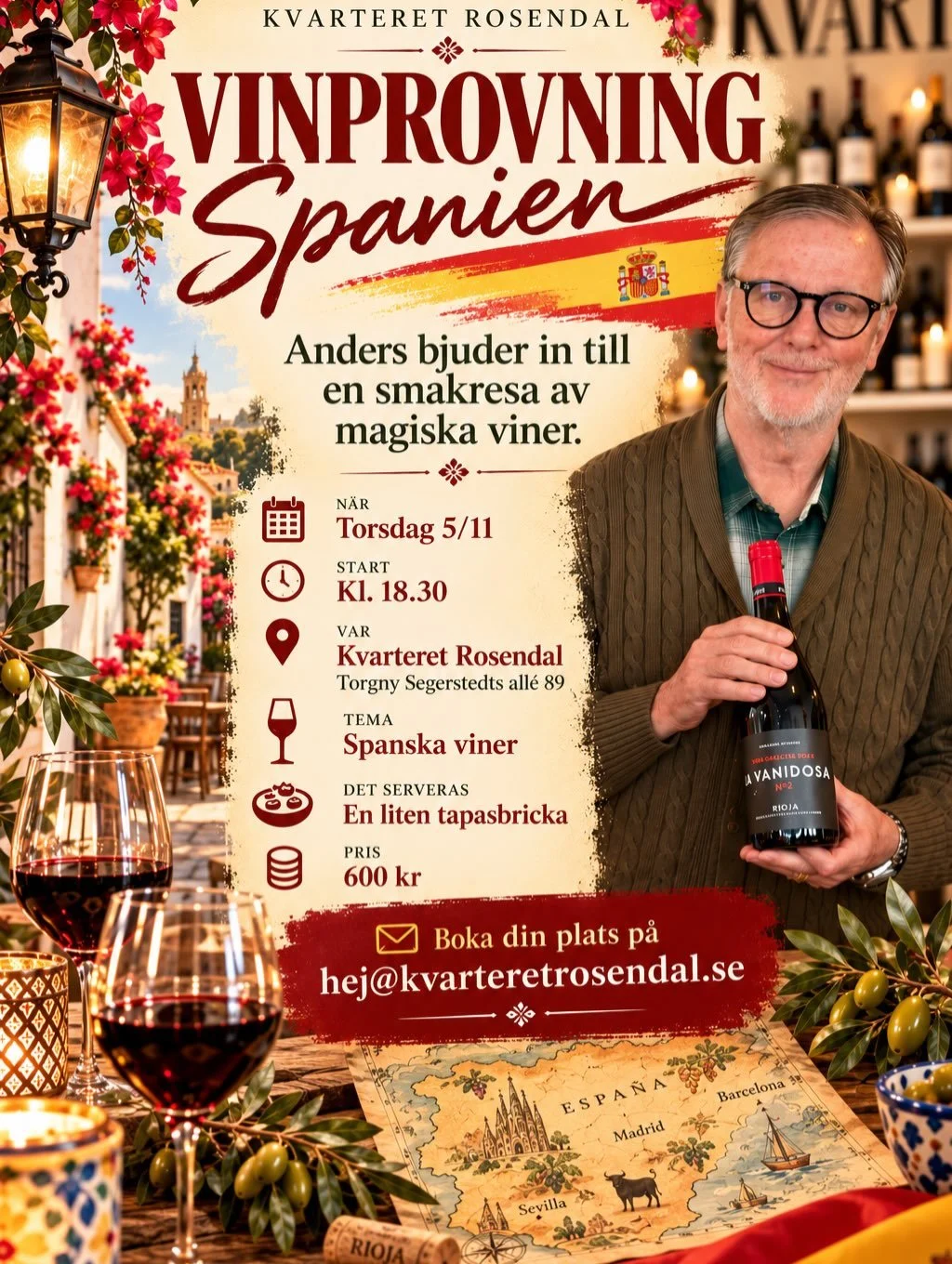 🇪🇸🍷 VINPROVNING MED ANDERS🍷🇪🇸

Anders bjuder in till en smakresa av magiska viner! ❤️ F&ouml;lj med p&aring; en h&auml;rlig kv&auml;ll med spanska smaker, goda viner, tappar och trevligt s&auml;llskap.

📅 Torsdag 5/11
🕡 Kl. 18.30
📍 Kvarteret