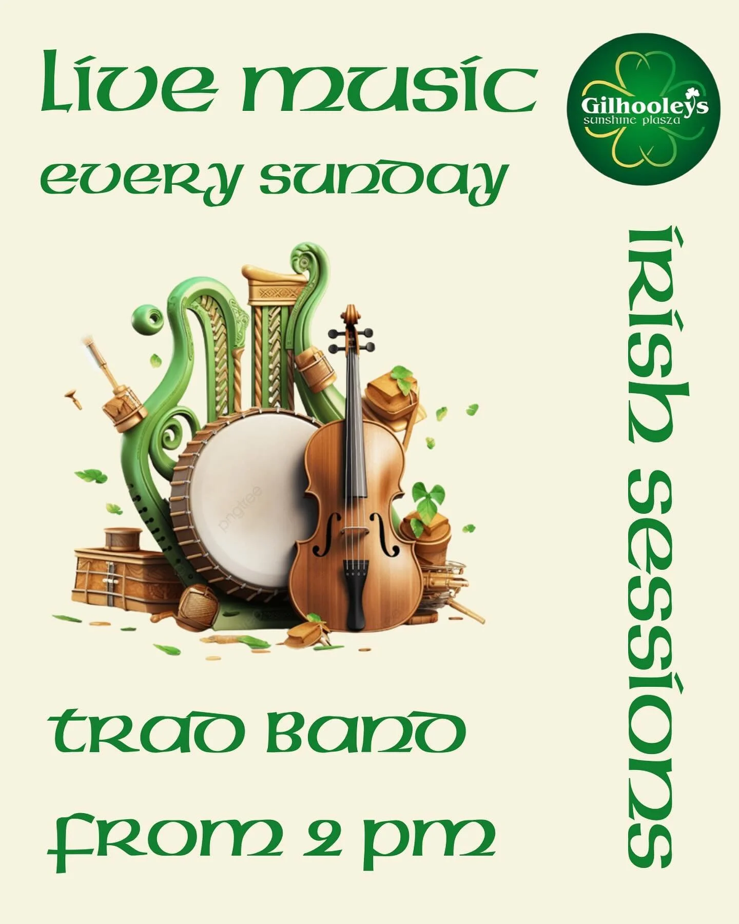🎶 Looking for Sunday plans? Join us this Sunday&mdash;and every Sunday&mdash;at 2 PM for our live Irish music sessions at Gilhooleys. 🍀 Come down to Sunshine Plaza and let&rsquo;s make the day memorable with some fantastic tunes. Grab your friends,