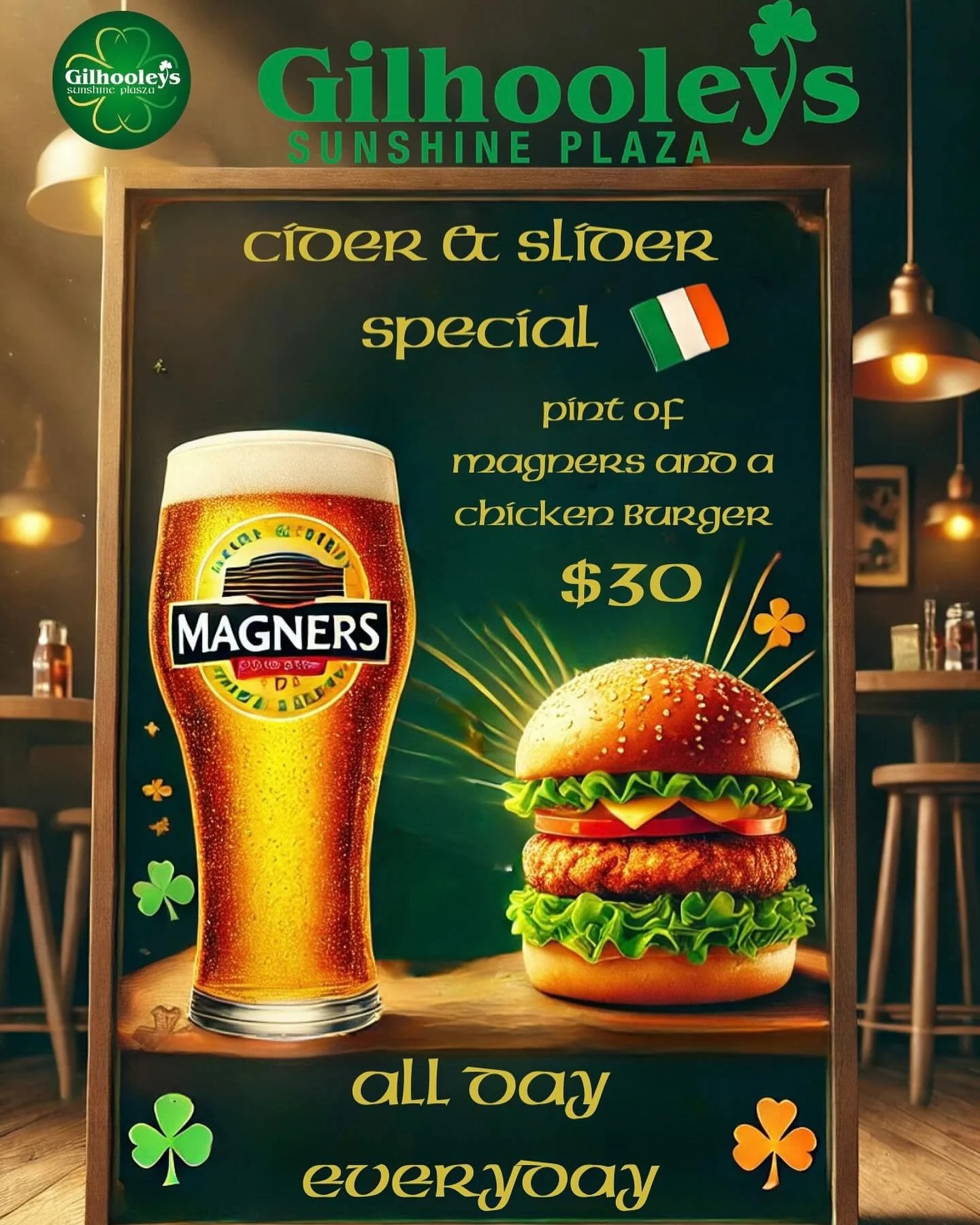 🍔🍺 Dive into our Cider &amp; Slider Special at Gilhooleys Sunshine Plaza! Enjoy a pint of crisp Magners cider paired with our juicy chicken burger &mdash; all for just $30. It&rsquo;s the perfect combo to satisfy your cravings, available all day, e
