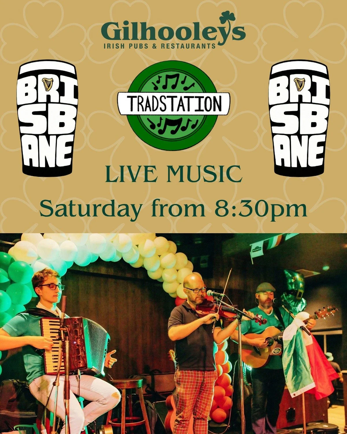Trad Station are live this Saturday from 8:30pm and they always bring a brilliant atmosphere to Gilhooleys Brisbane.

Real Irish trad music, creamy pints, and a Saturday night in the CBD that's well worth staying out for. Come and settle in for a pro