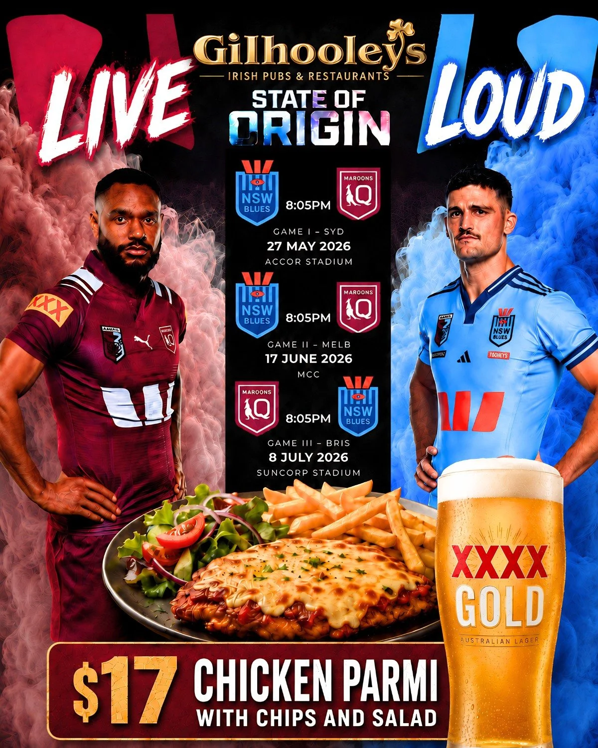 The biggest rivalry in sport is nearly here and there is no better place to watch it than Gilhooleys Brisbane.

All three State of Origin games live and loud on the big screen, a $17 chicken parmi with chips and salad to keep you fuelled, and cold pi