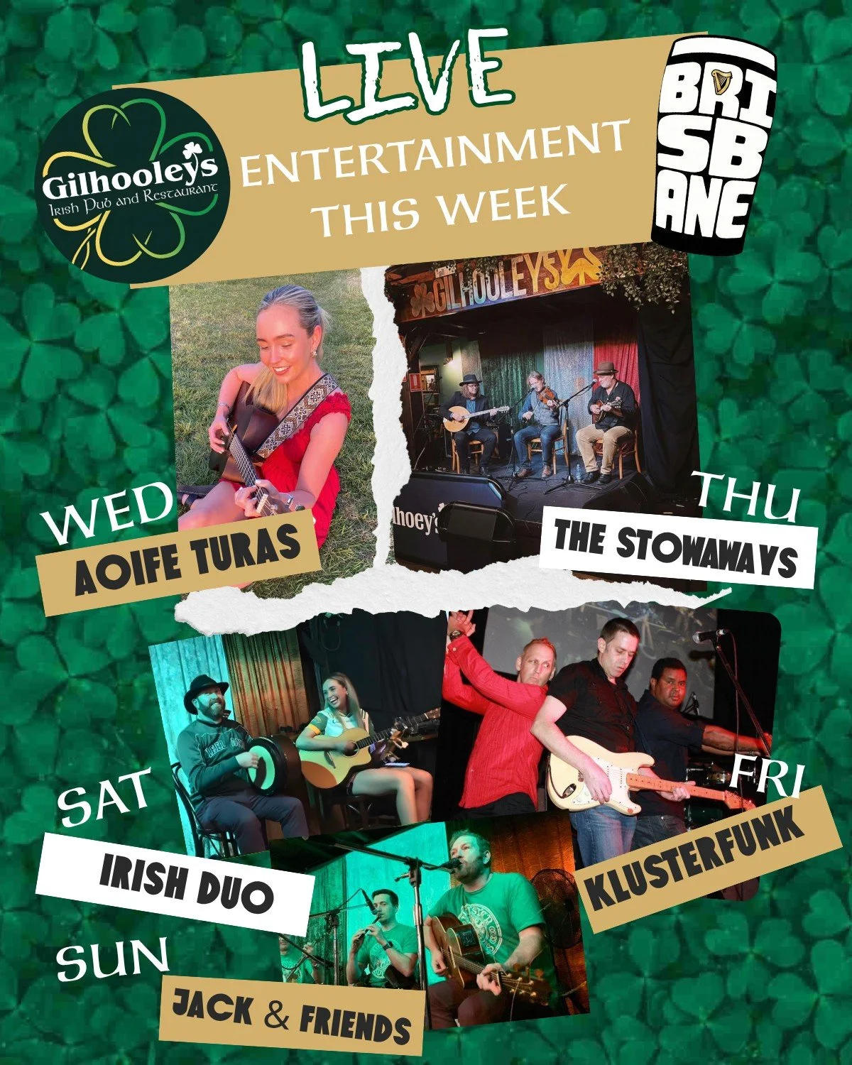 Another brilliant week of live music at Gilhooleys Brisbane and plenty of reasons to get yourself in this week.
Great acts from Wednesday through to Sunday, cold pints always, and the best craic in the CBD every night. Come find your spot on Albert S