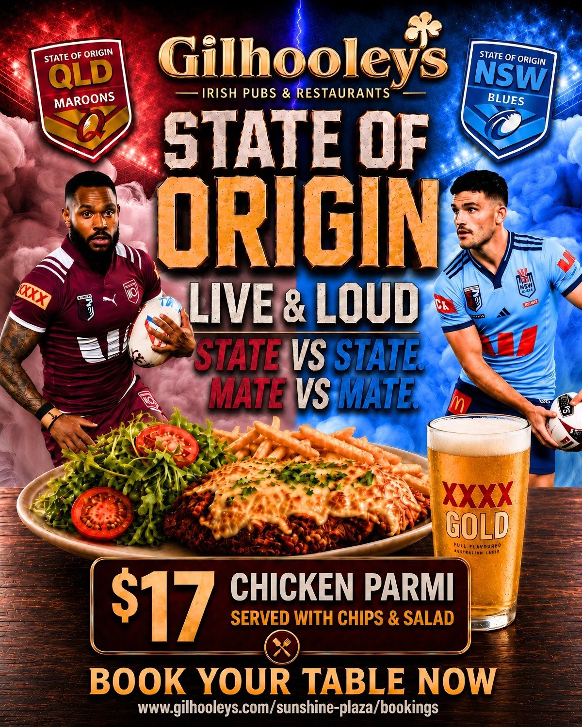 ONE WEEK TO GO. Book your table for Game 1 now.

State of Origin is live and loud at Gilhooleys Brisbane from 8:05pm on 27th May. Grab a $17 chicken parmi with chips and salad, get a cold pint in hand, and come enjoy the best atmosphere in the CBD fo
