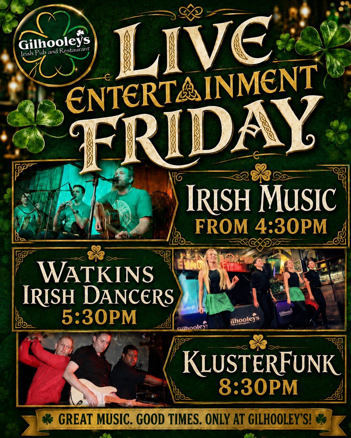 Tomorrow night at Gilhooleys Brisbane is the perfect way to kick off the weekend.
Irish music from 4:30pm sets the tone, the Watkins Irish Dancers bring the atmosphere from 5:30pm, and Klusterfunk close the night out from 8:30pm. Come straight from w