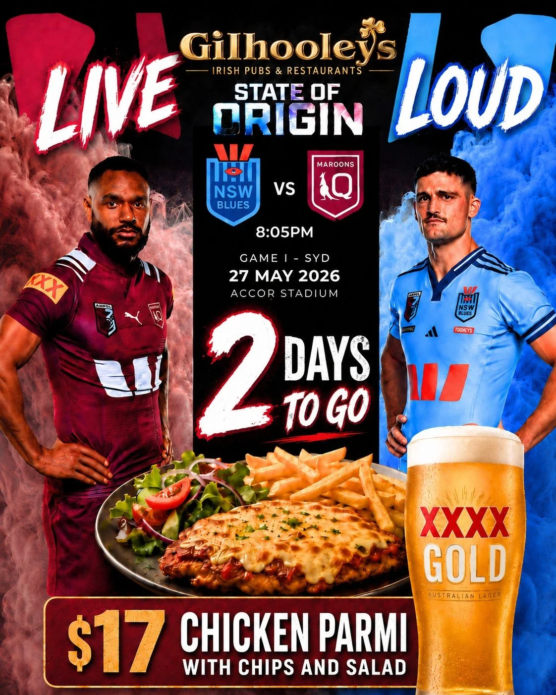 2 days to go and tables are filling up fast at Gilhooleys Brisbane.

State of Origin Game 1 is live and loud on Tuesday night from 8:05pm. Grab a $17 chicken parmi with chips and salad, get a cold pint in hand, and watch the Blues and Maroons go at i