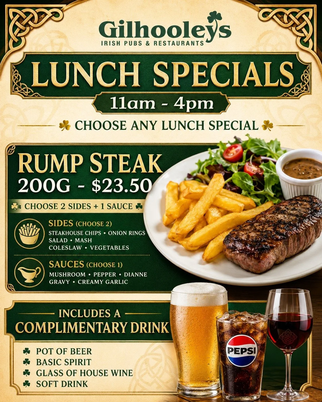Lunch at Gilhooleys Brisbane just got a whole lot better. Five brilliant lunch specials from $23.50, every single one served with a complimentary drink included.

Swipe through and pick your favourite. We'll see you from 11am. Link in bio to book.