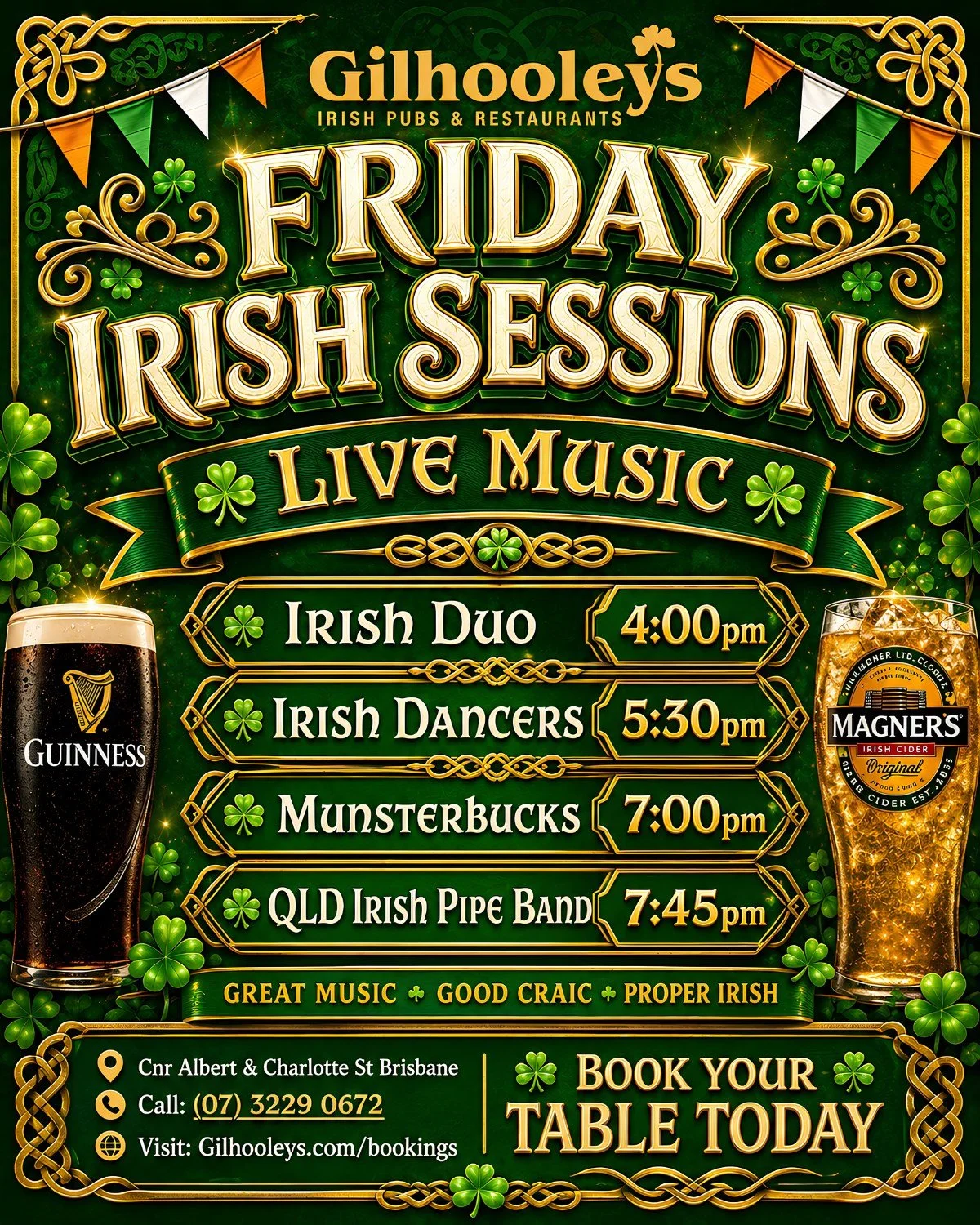 Friday Irish Sessions are back tomorrow at Gilhooleys Brisbane and it's shaping up to be a brilliant night from start to finish.

Irish Duo from 4pm, the Watkins Irish Dancers at 5:30pm, Munsterbucks keeping the energy up from 7pm, and the QLD Irish 